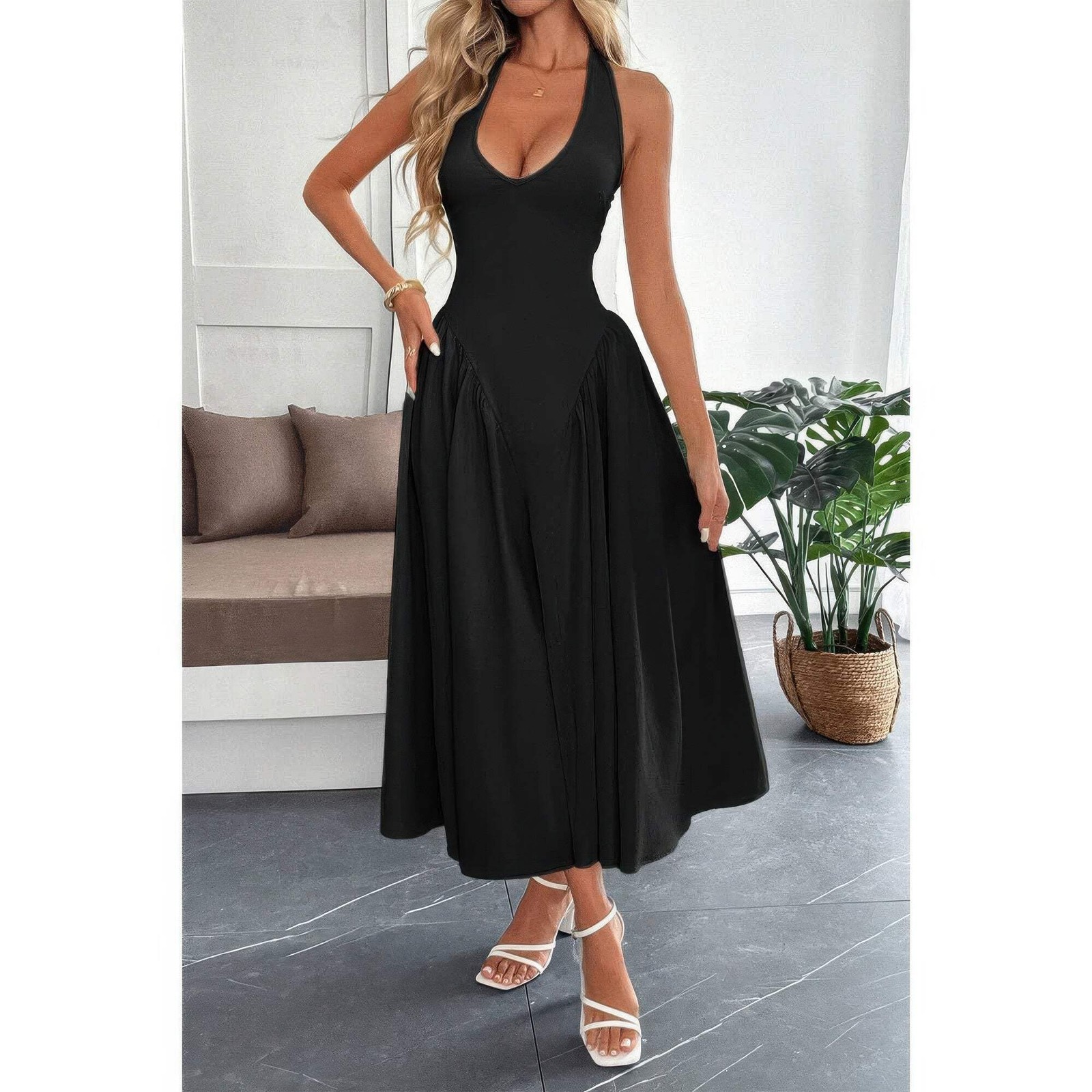 Women’s Solid Halter Midi Sundress Hidden Back Zipper Sleeveless Fit & Flare Dre