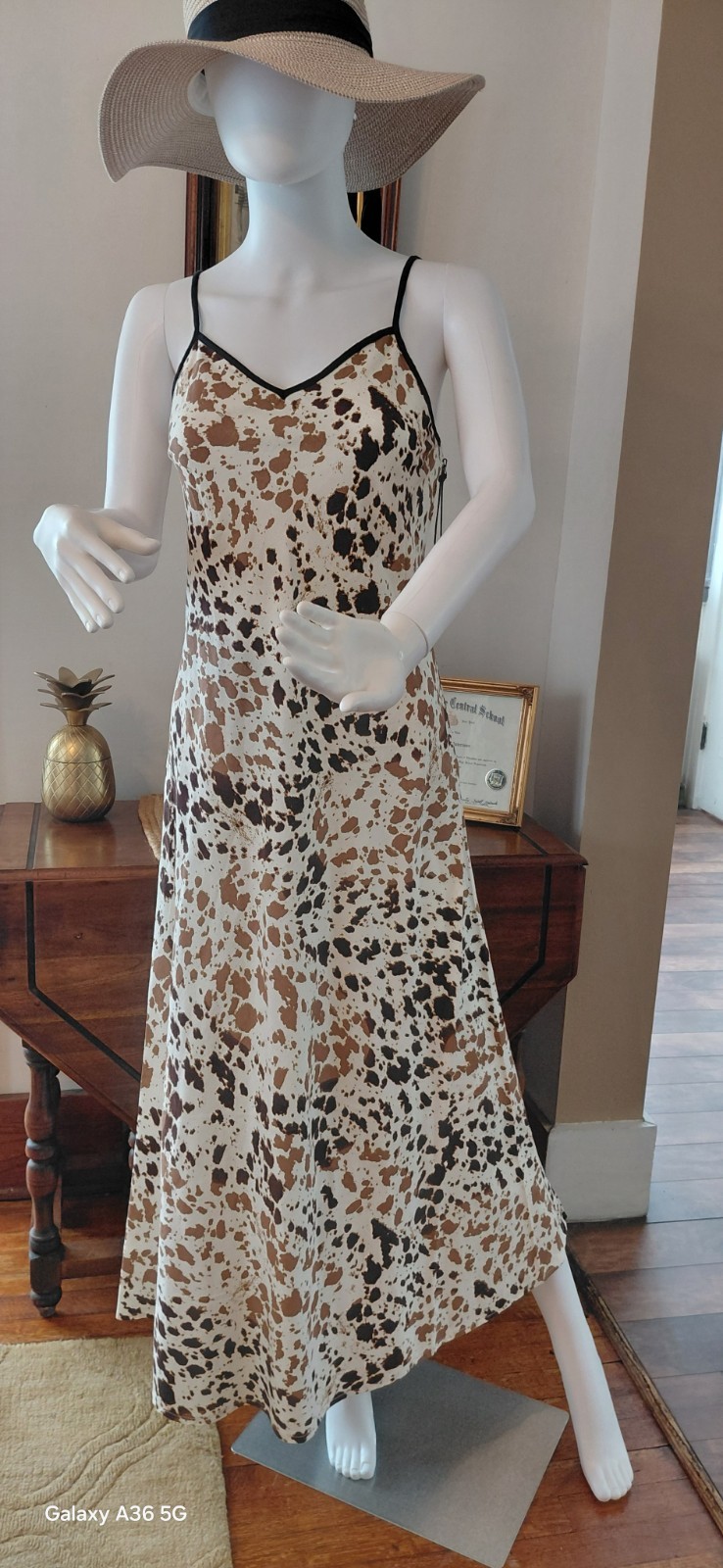 Cow Animal Print Linen Midi Dress Strappy Size S Brown Tan Black Boho Beach Vaca