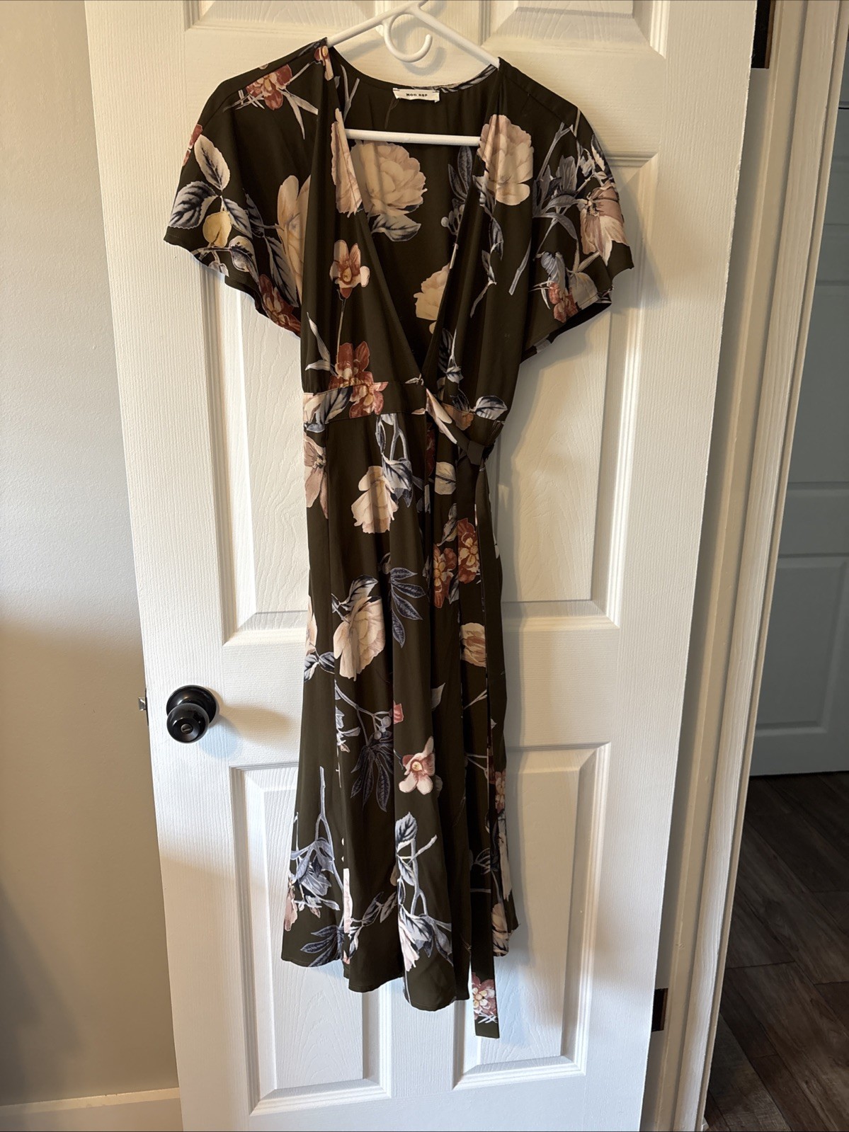 Mod Ref Maria Olive Floral Wrap Dress L Midi Cap Sleeve Cottage Western Boho 90