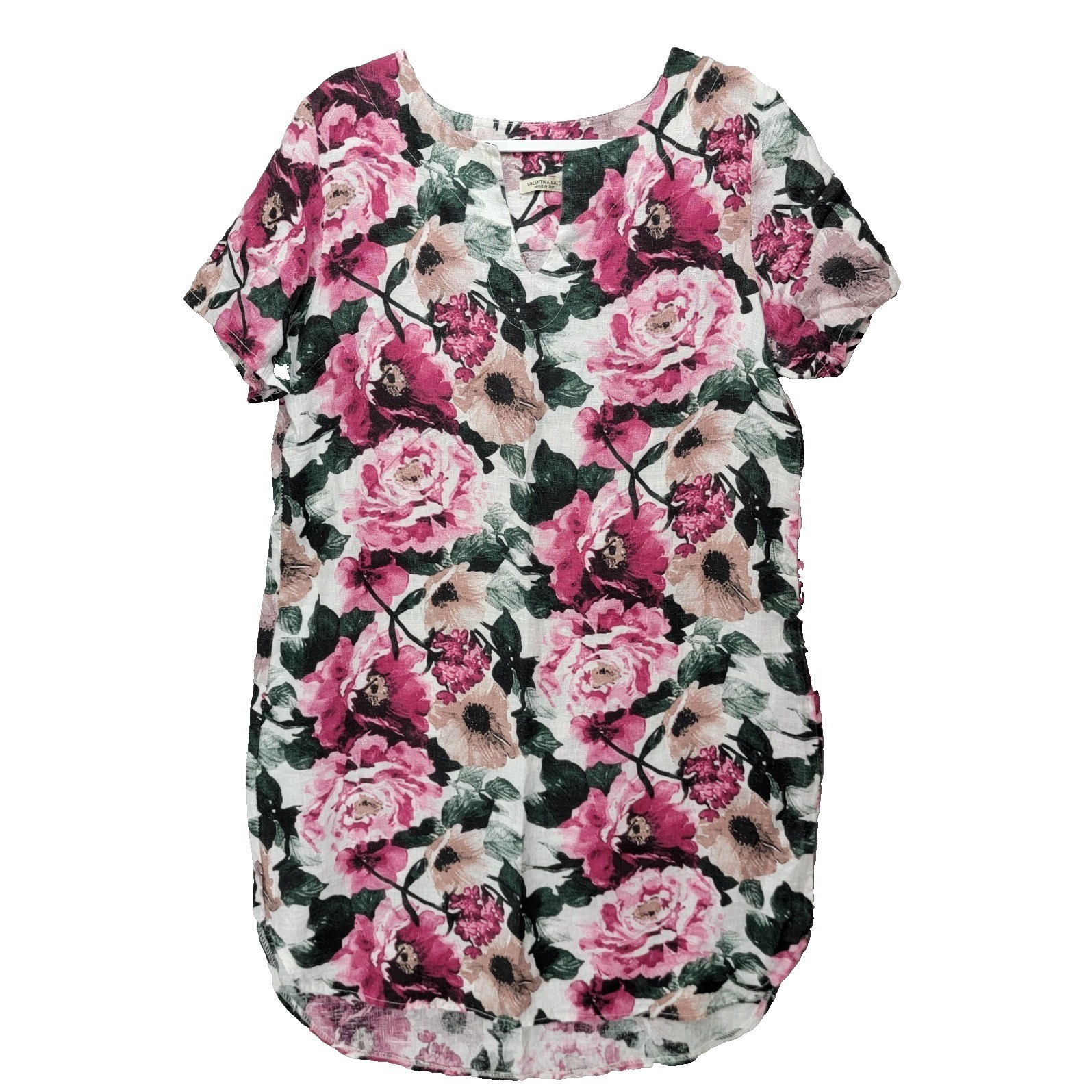 Valentina Naldi Floral Linen Shift Dress Womens L Italy Rose Lagenlook Cottage