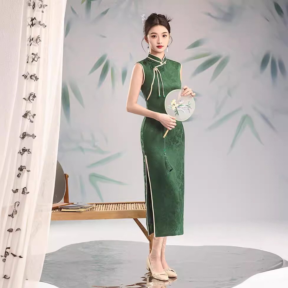 Cheongsam Dress Vintage Size 4-12 for Women Chinese Qipao Jacquard Floral Green