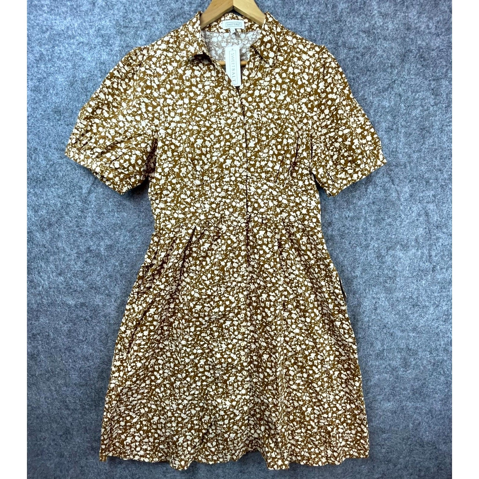 Sweet Salt Shirt Dress Women XL Brown White Ditsy Floral Peasant Cottage Country