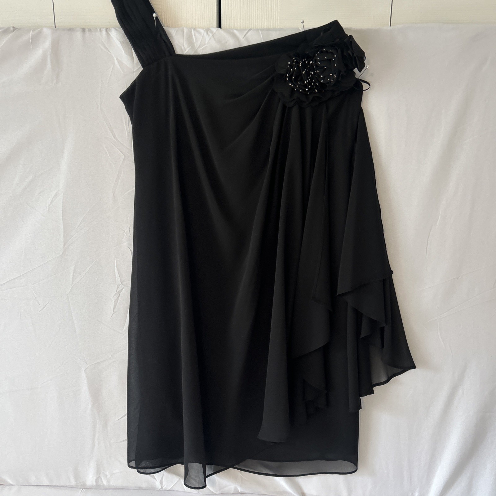 Black Chiffon Layered One Shoulder Asymmetrical Dress S-10 Whimsical Romantic