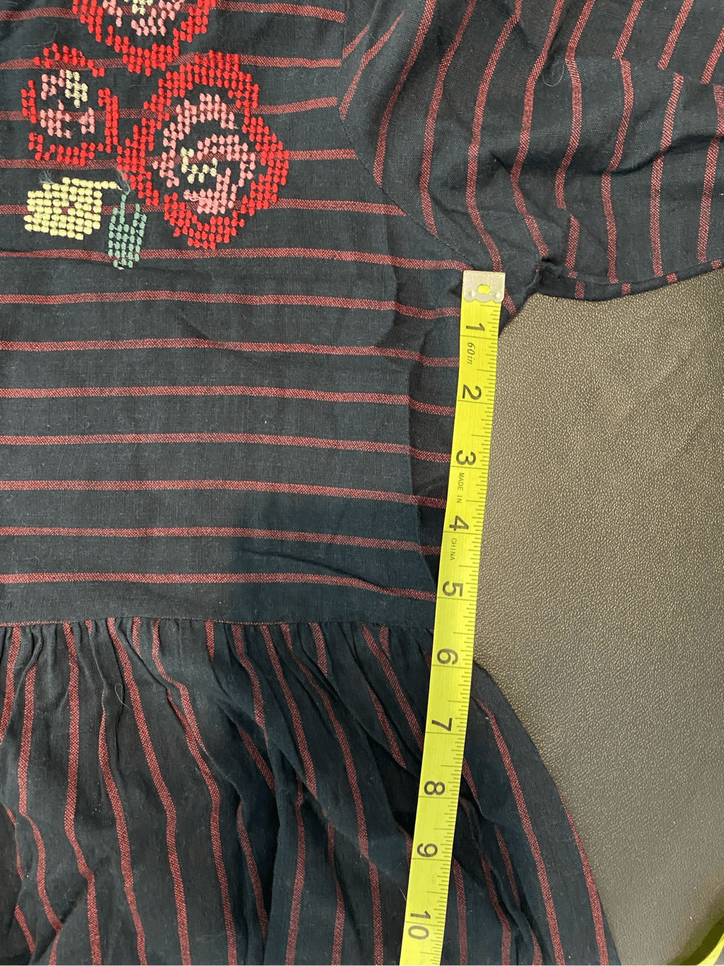 Bombay Paisley Dark Blue Red Stripe Floral Embroidered Button Down 3/4 Sleeve Mi