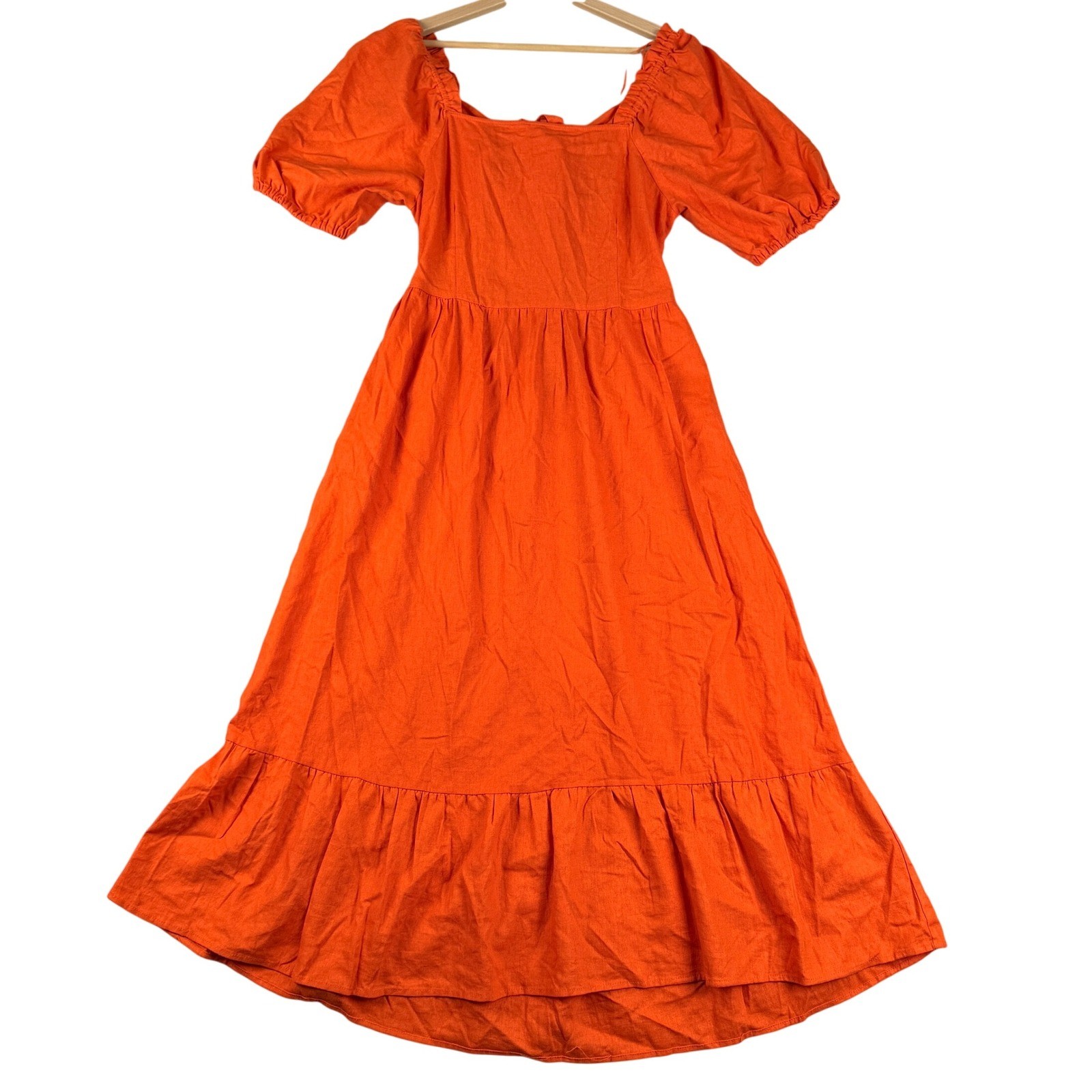 Who What Wear Dress Women M Orange Midi Sundress Linen Blend Puff Sleeve Boho