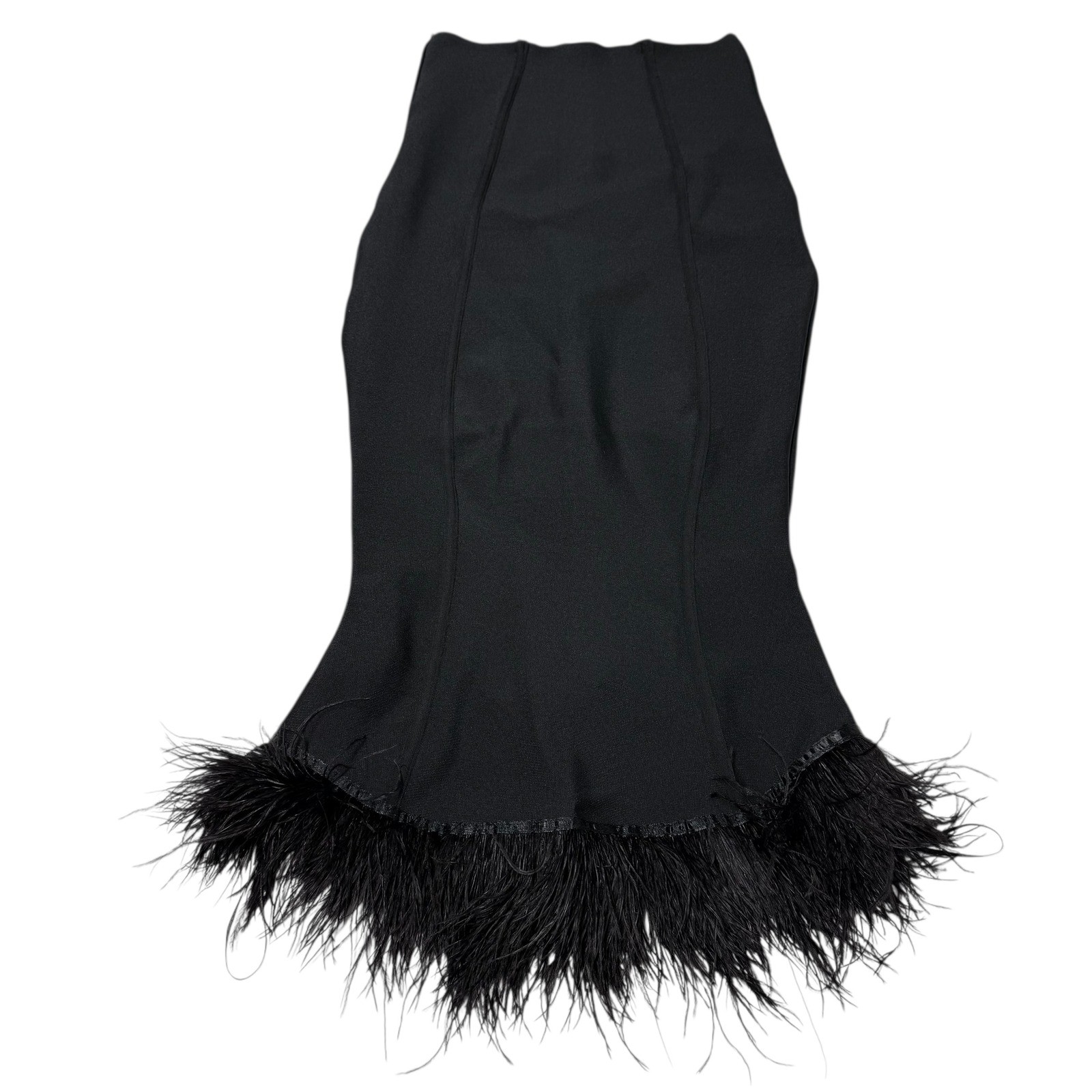 Black Feather Trim Strapless Silhouette Bodycon Dress Size L Dramatic Edgy