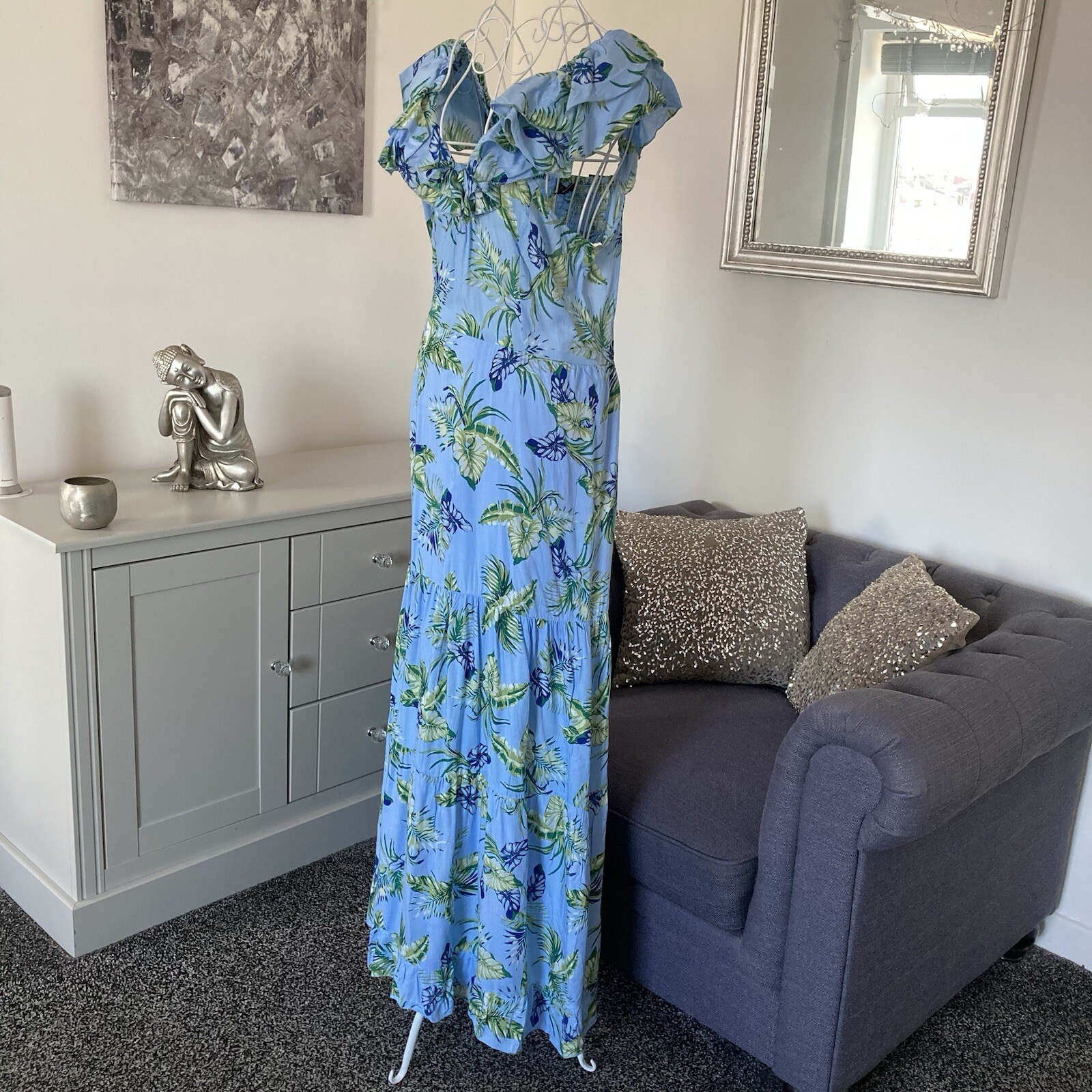 Blue Leaf Print Ruffle Scoop Neck Sleeveless Open Back Tiered Maxi Dress L 10-12