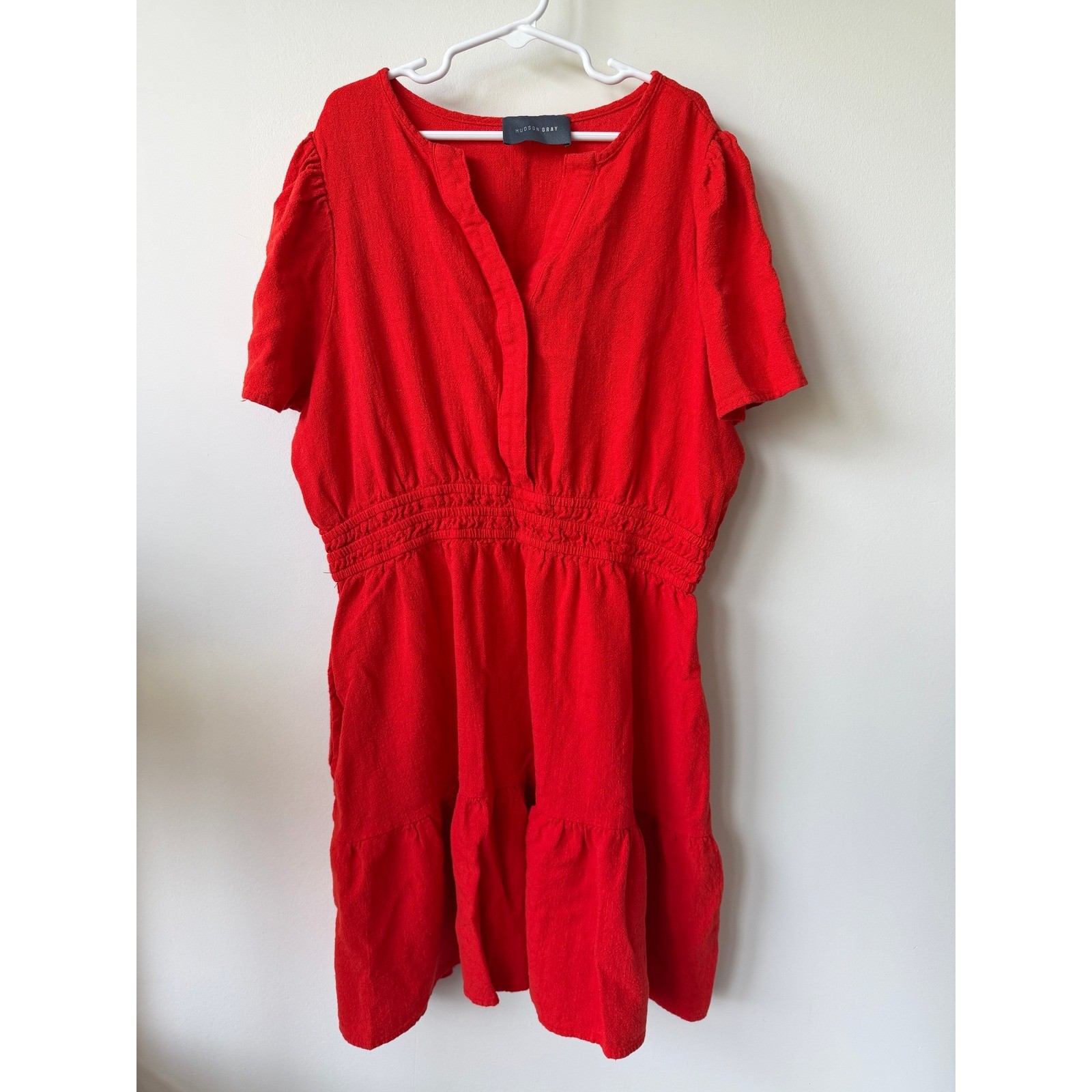 Hudson Gray Womens Red Linen Blend Smocked Waist Tiered Mini Dress ISD10757 M