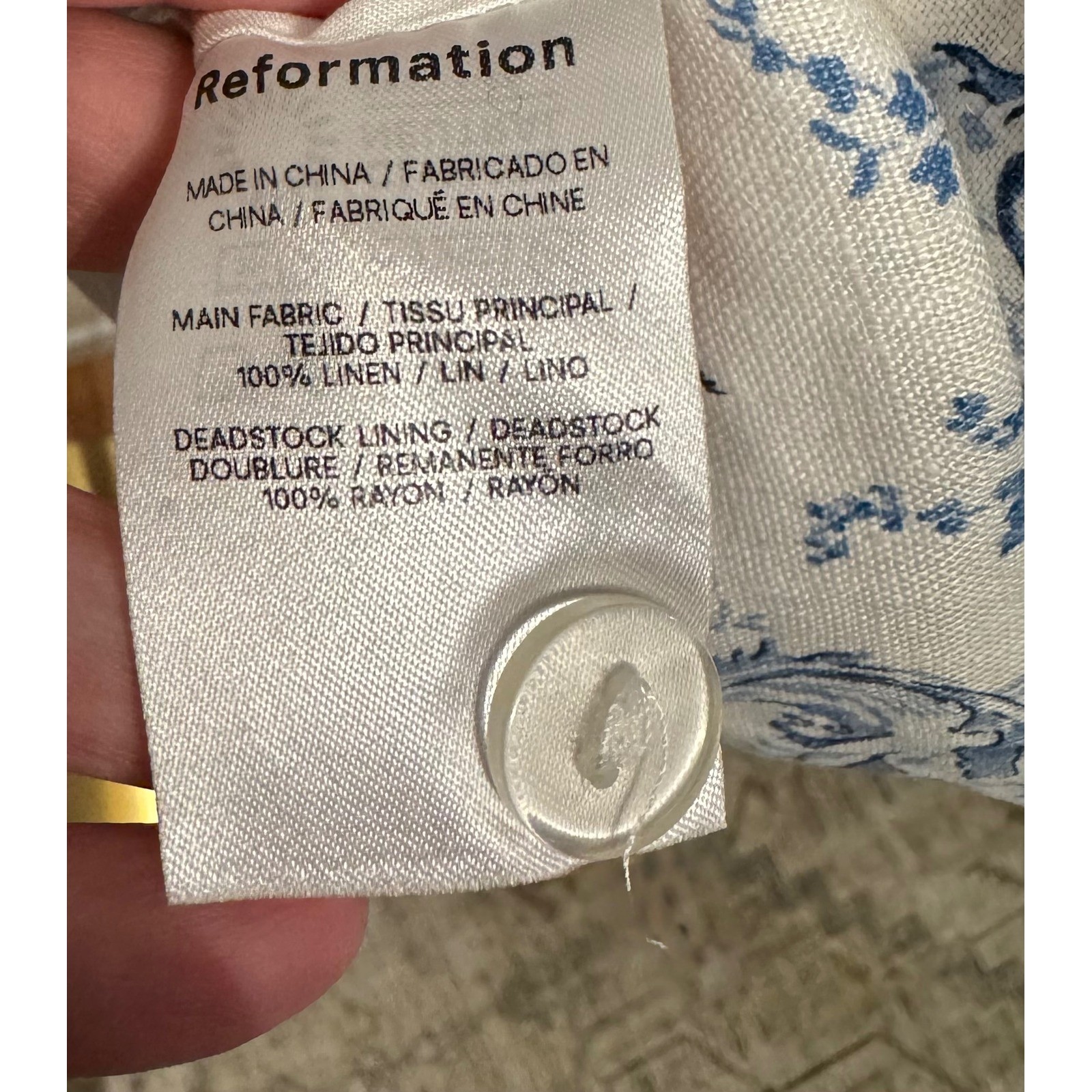 Reformation Elana Linen Dragon Toile Mini Dress Blue White Velvet Trim Size 4