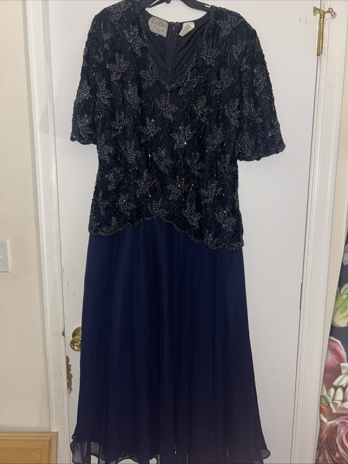 Carina by Barry Lee Navy Blue Sequin Lace Peplum Top Chiffon Skirt Dress 1X VTG