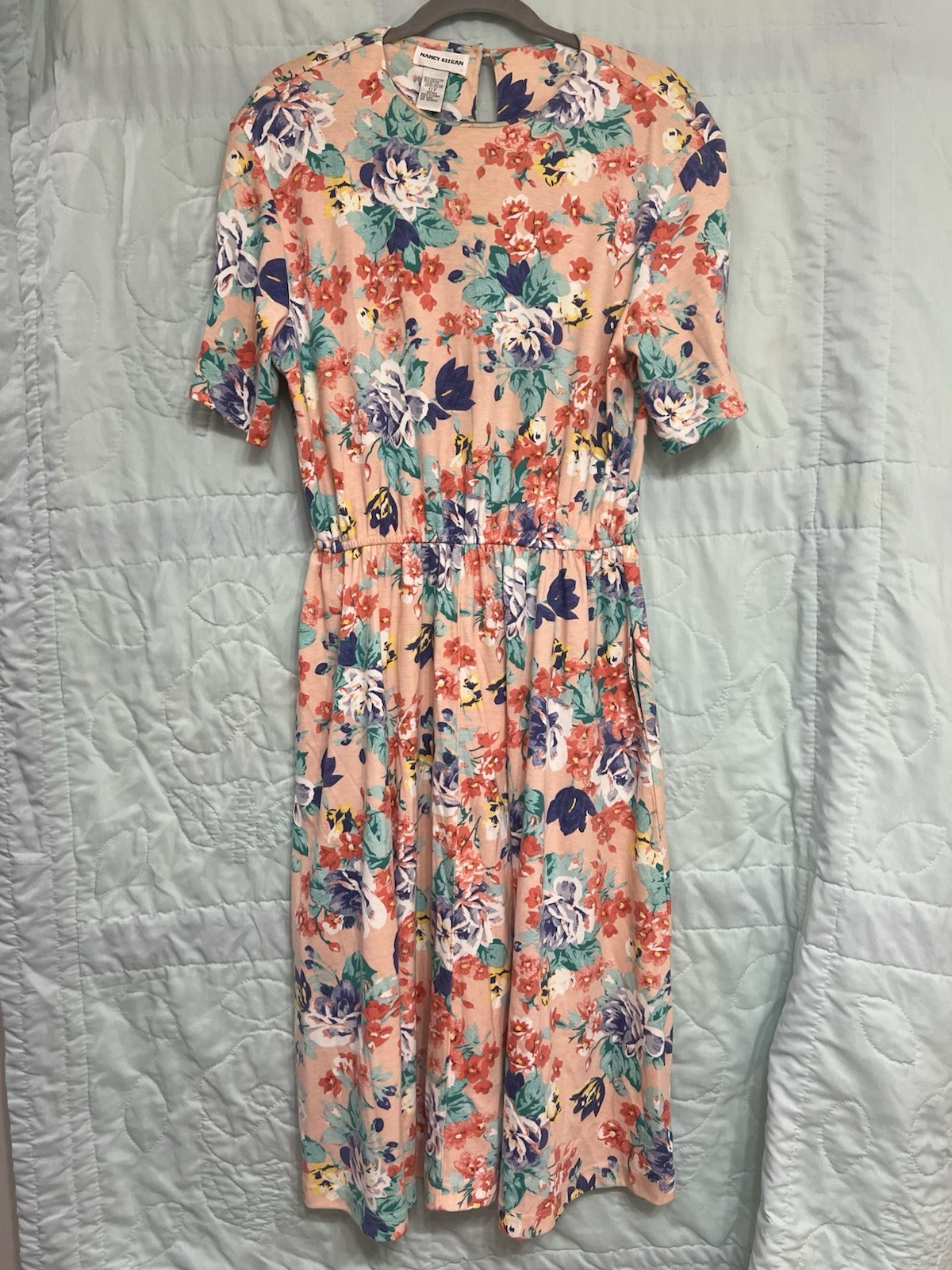 Nancy Keegan Peach/Multicolor Floral Button Short Sleeve Midi Dress 12P