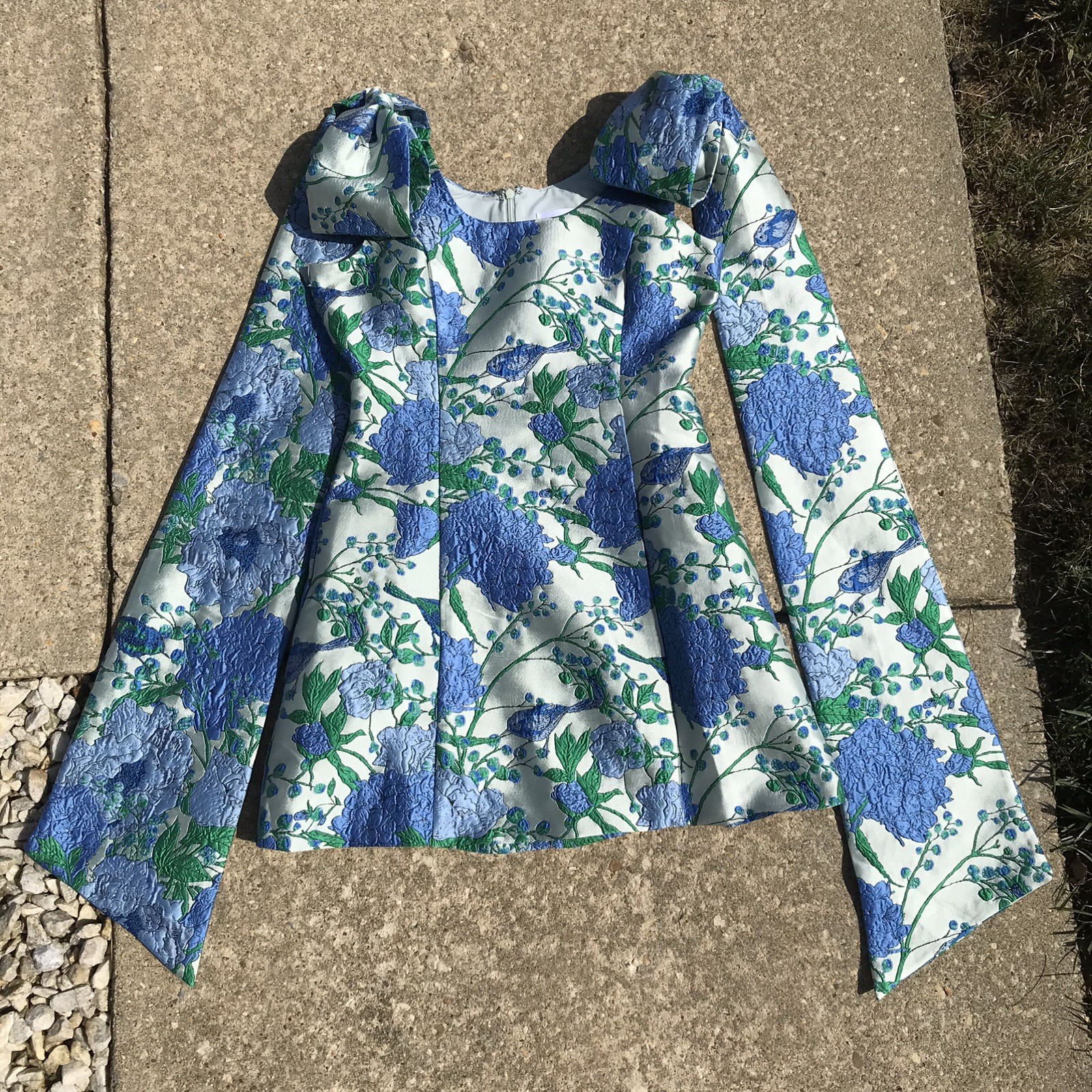 Sugarlips Willa XS Blue Floral Jacquard Bow Shoulder Mini Dress Wedding Party