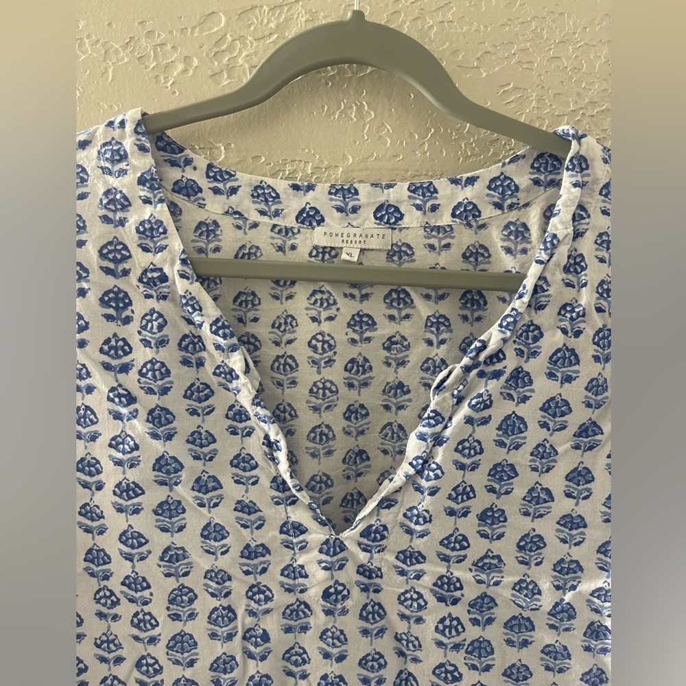 Pomegranate Resort Blue/White Bohemian Vacation Mini Tunic Cotton Dress Large