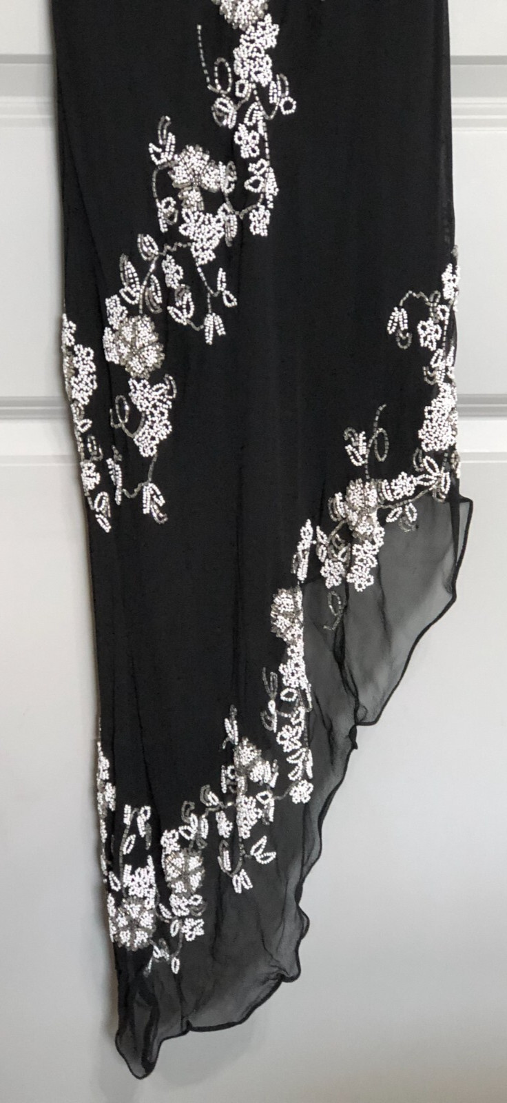 Vintage SCALA 100% Silk Beaded Dress Black Floral Asymmetric Hem Prom Formal L.