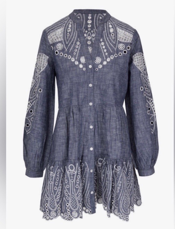 VERONICA BEARD Ariana Mini Dress blue chambray eyele tiered Embroidered Sz 2 NWT
