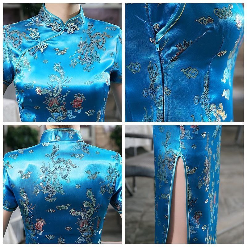 Dragon Phoenix Women’s Silk Satin Long Dress Cheongsam Qipao SZ S-6XL Sky Blue