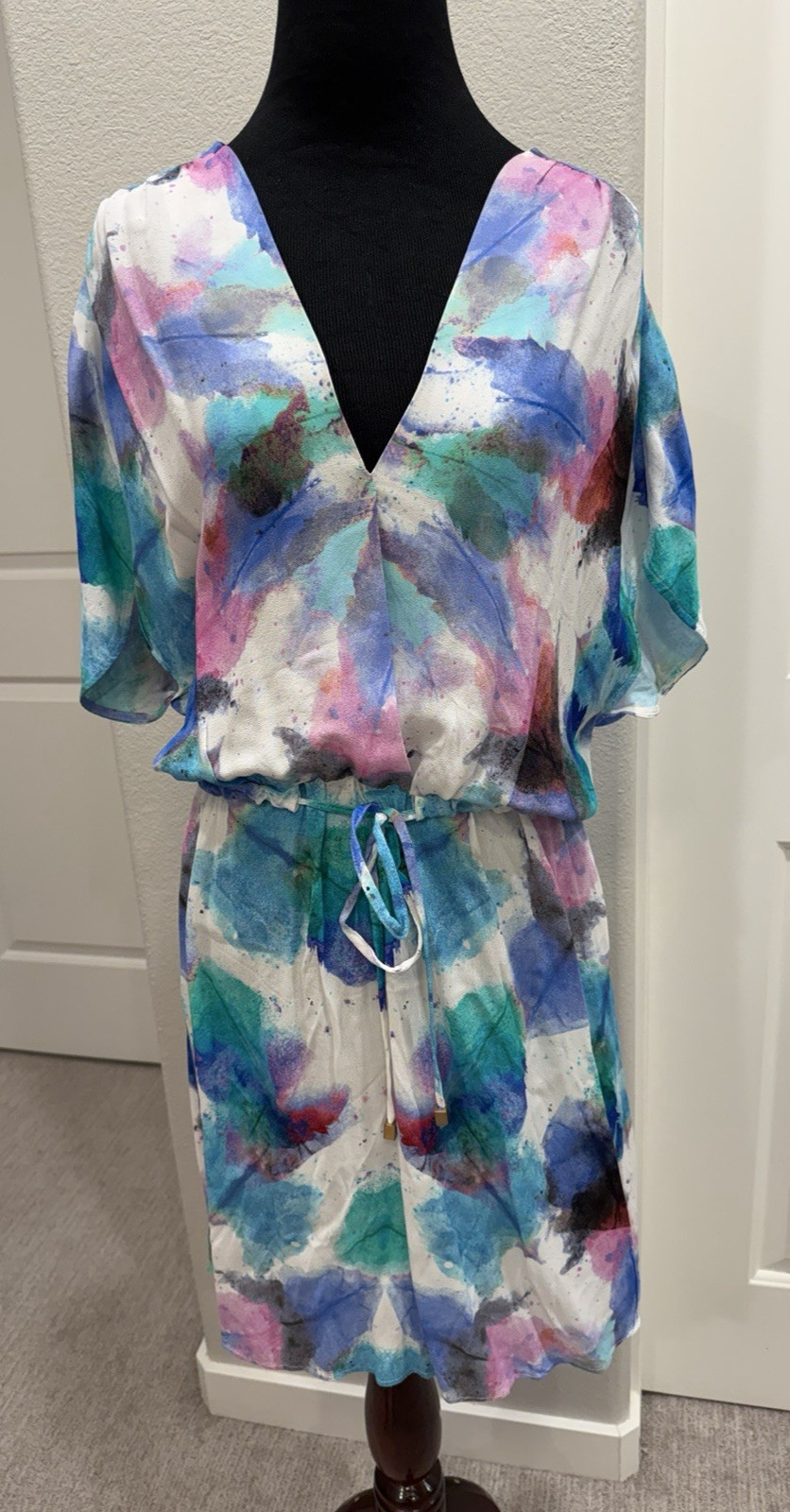 Desigual Abstract Watercolor Kimono-Sleeve Dress 38 S Artsy Made in Portugal