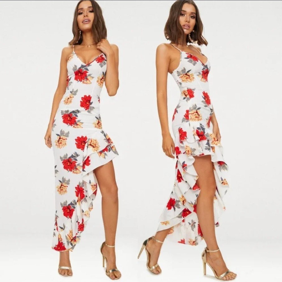 NWT Pretty Little Thing Floral Asymmetric Ruffled Side Slit Maxi Fitted Dress 2