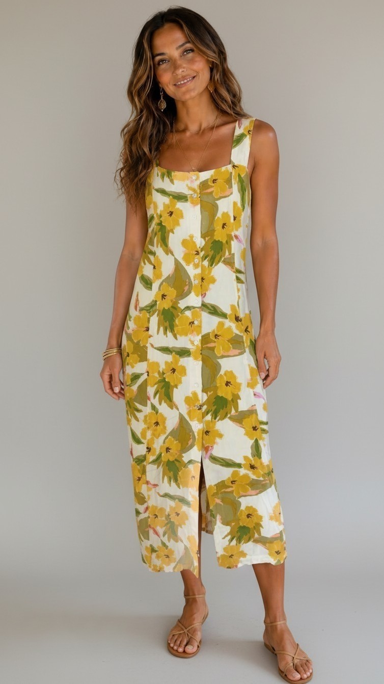L*SPACE Mykonos Floral Linen Blend Button Front Midi Dress – Size M | Yellow