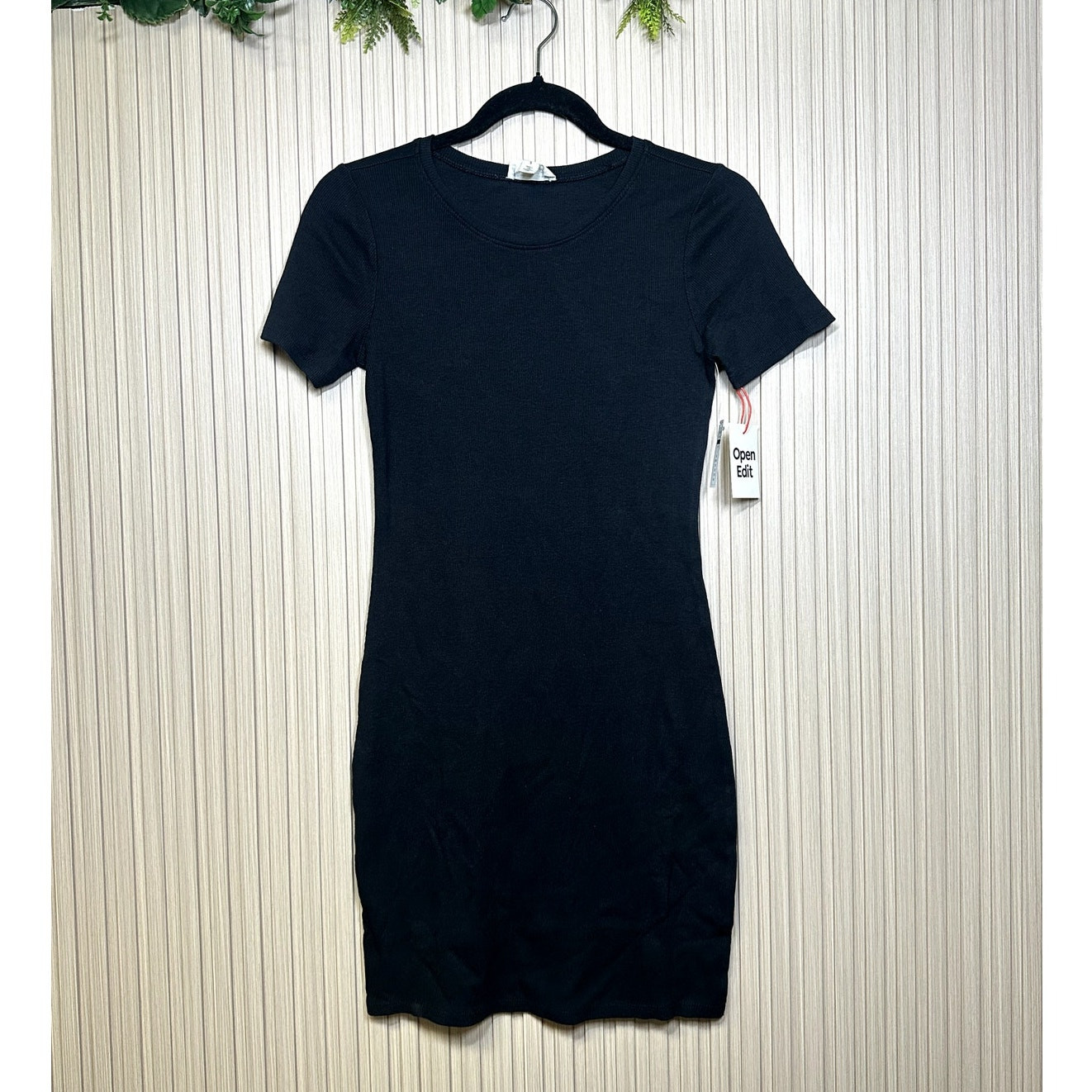 Open Edit Black Ribbed Bodycon Mini T-shirt Dress Size S