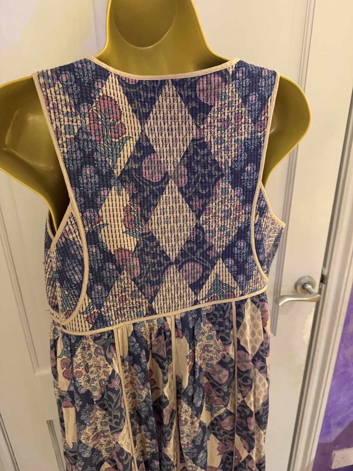 Vintage Indian 70s Afghan style boho quilted hippy dress M cotton harlequin maxi