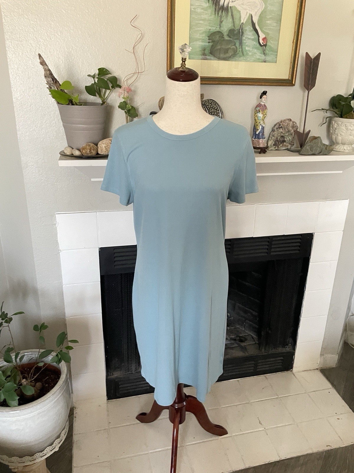 Athleta Rib Knit T Shirt Dress XL Blue Crew Short Sleeve Layering Soft Brunch