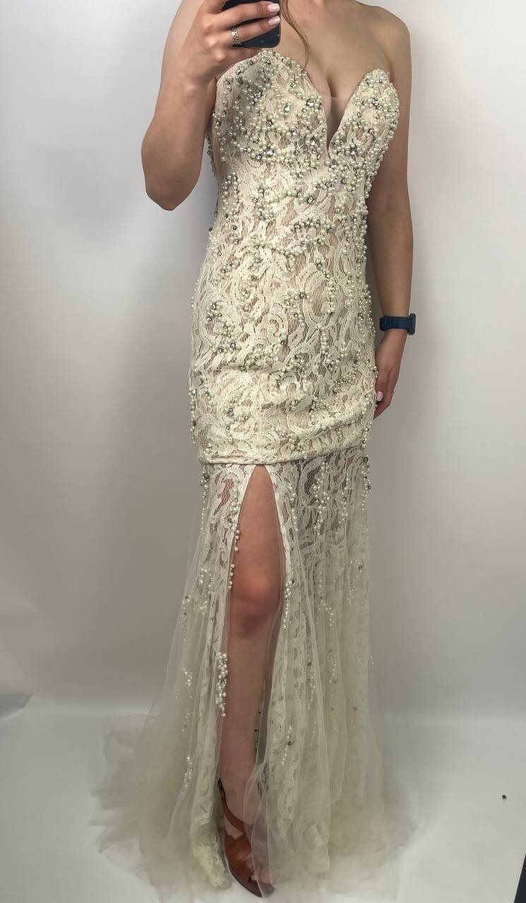 Jovani Strapless Lace Gown Beaded Pearl Nude Ivory Dress Sz 4 Small Prom Formal