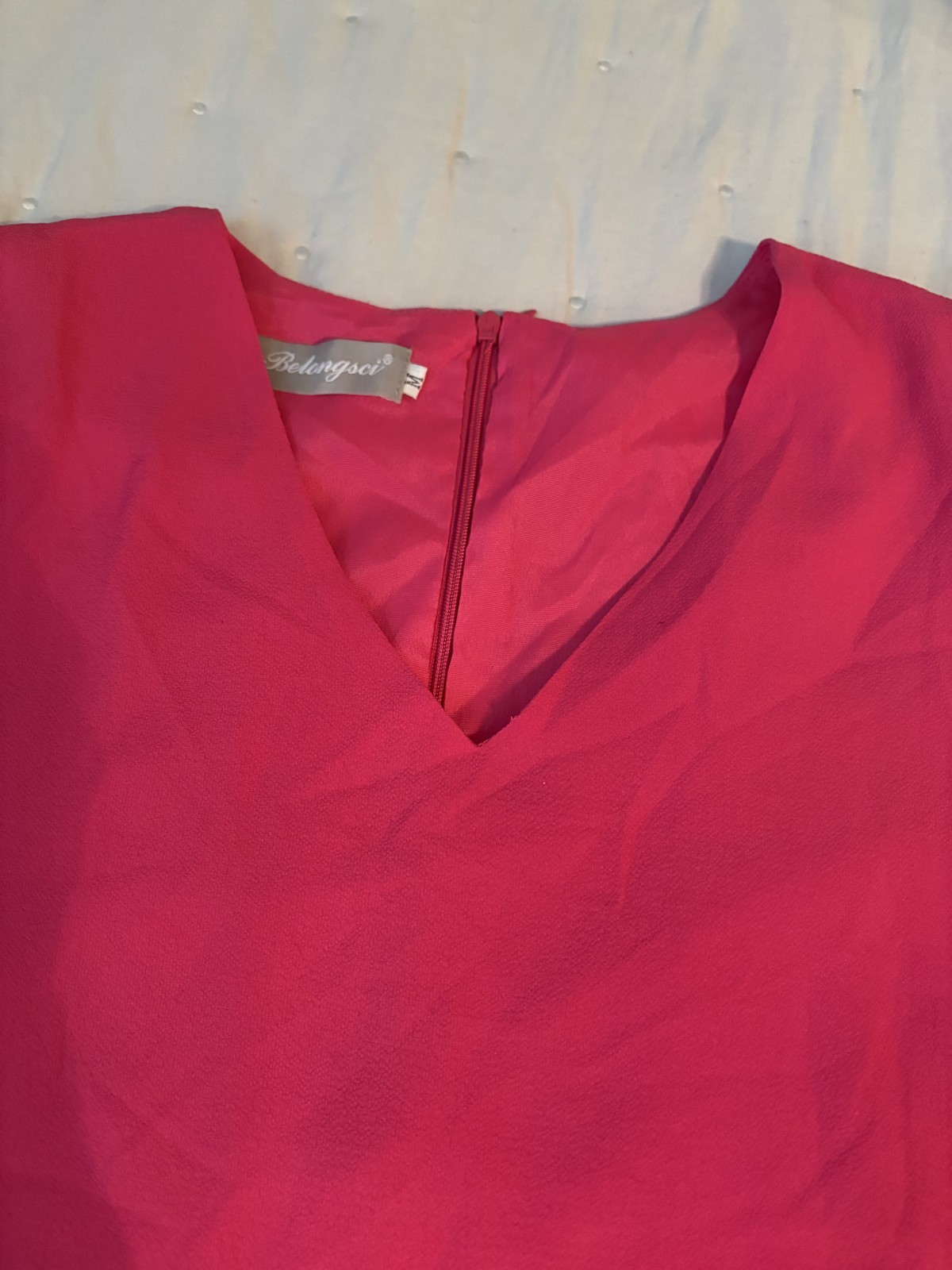 Belongsci M Shift Dress Pink Solid V-Neck 3/4 Ruffle Sleeve Chiffon BACK ZIP