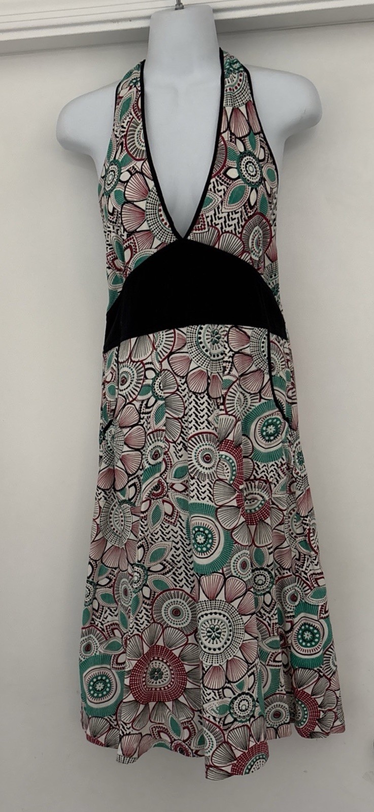 EUC Jayli Open Back Tie Halter Midi Dress Green Black Hippie Beach Boho M