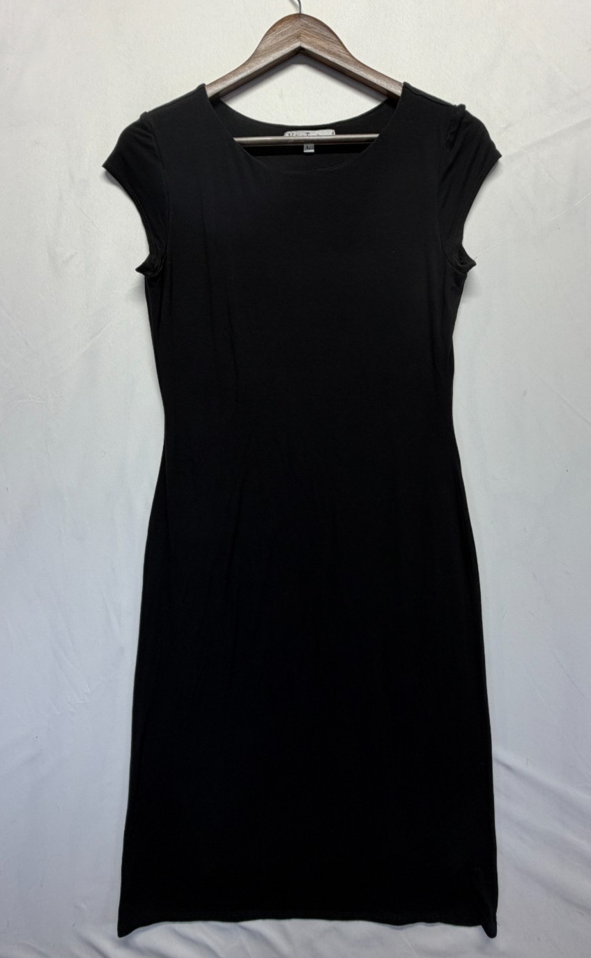Velvet Torch Bodycon Midi Dress Womens Large Black Round Neck Cap Sleeves Party