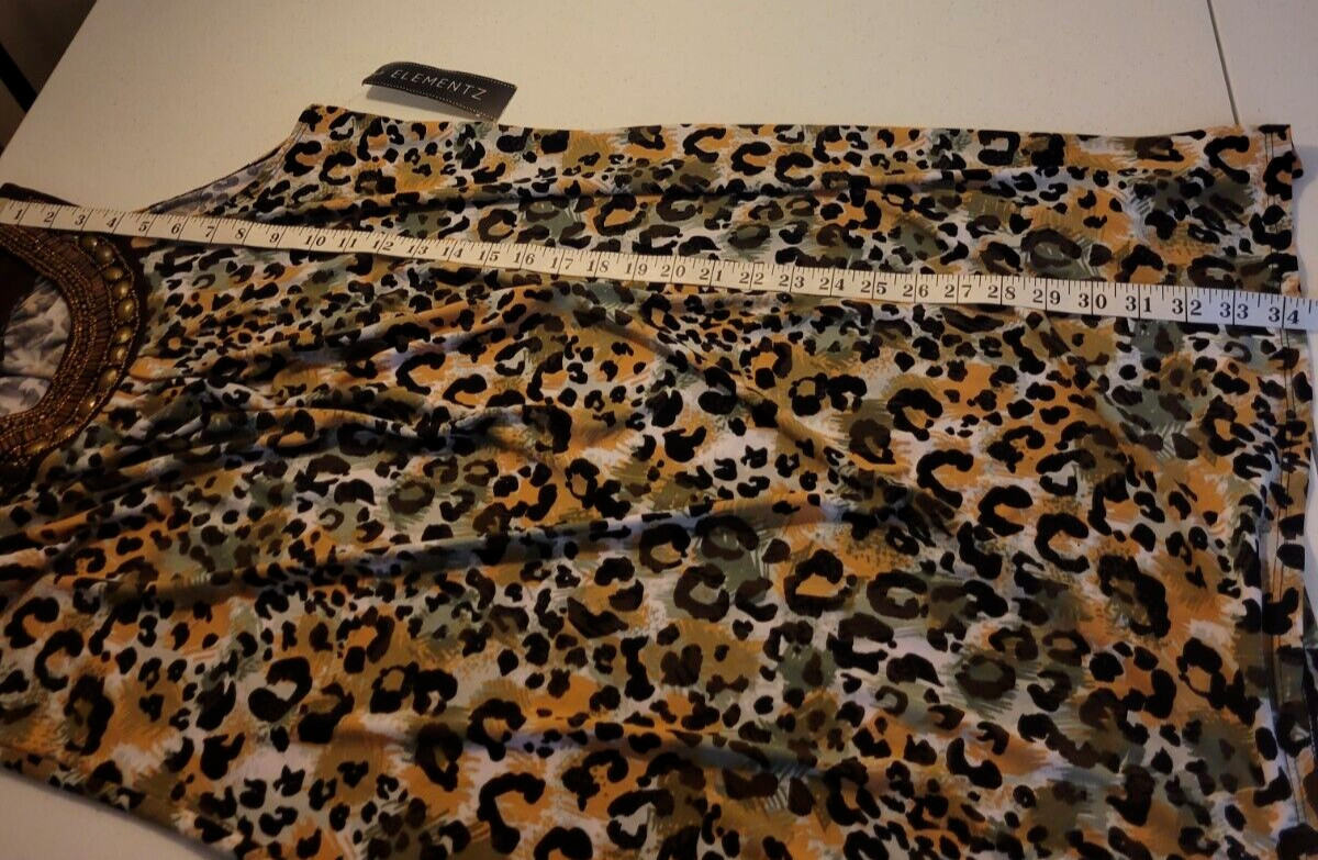 NWT Elementz Sleeveless Casual Dress Brown Leopard Print Beaded Women’s SZ Large