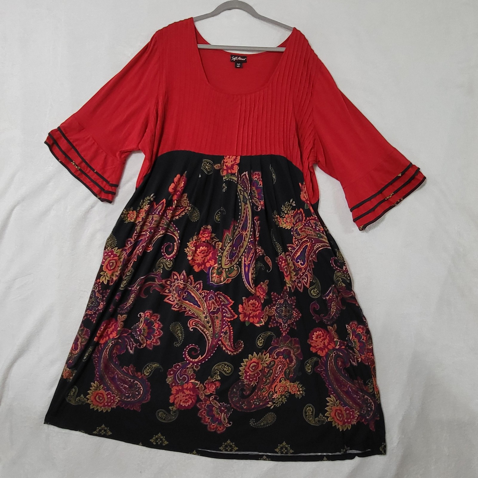 Soft Focus Dress Womens 2X 26/28 Red Black Paisley Maxi Empire Waist Scoop Neck