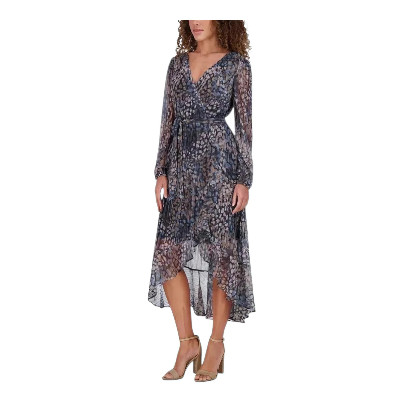 Kensie Girl Floral Chiffon Hi Low Midi Dress V Neck Long Sleeve Belted Size 2