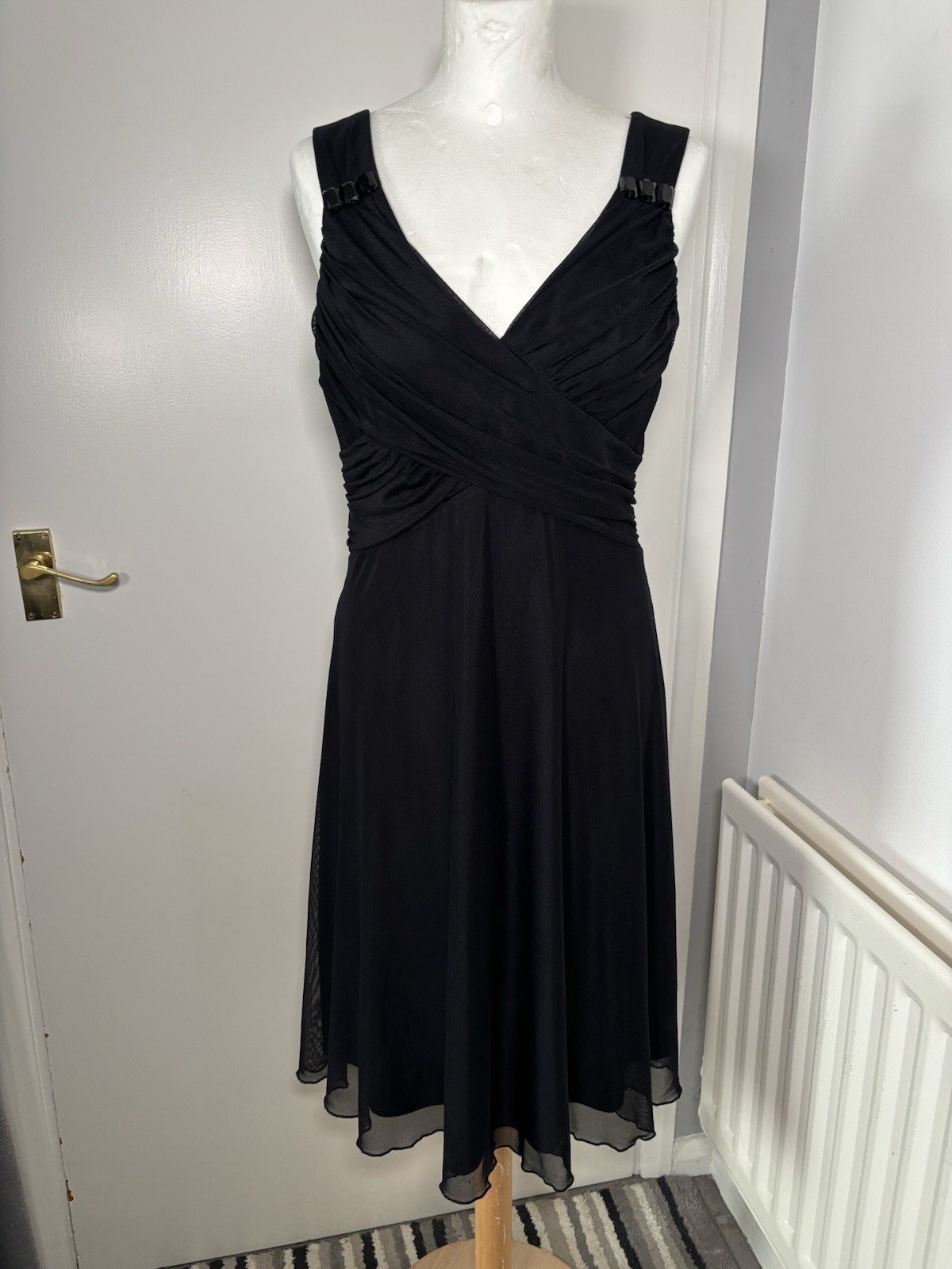 Next Black Chiffon Midi Dress Ruched Beaded Strap Size 12 Elegant