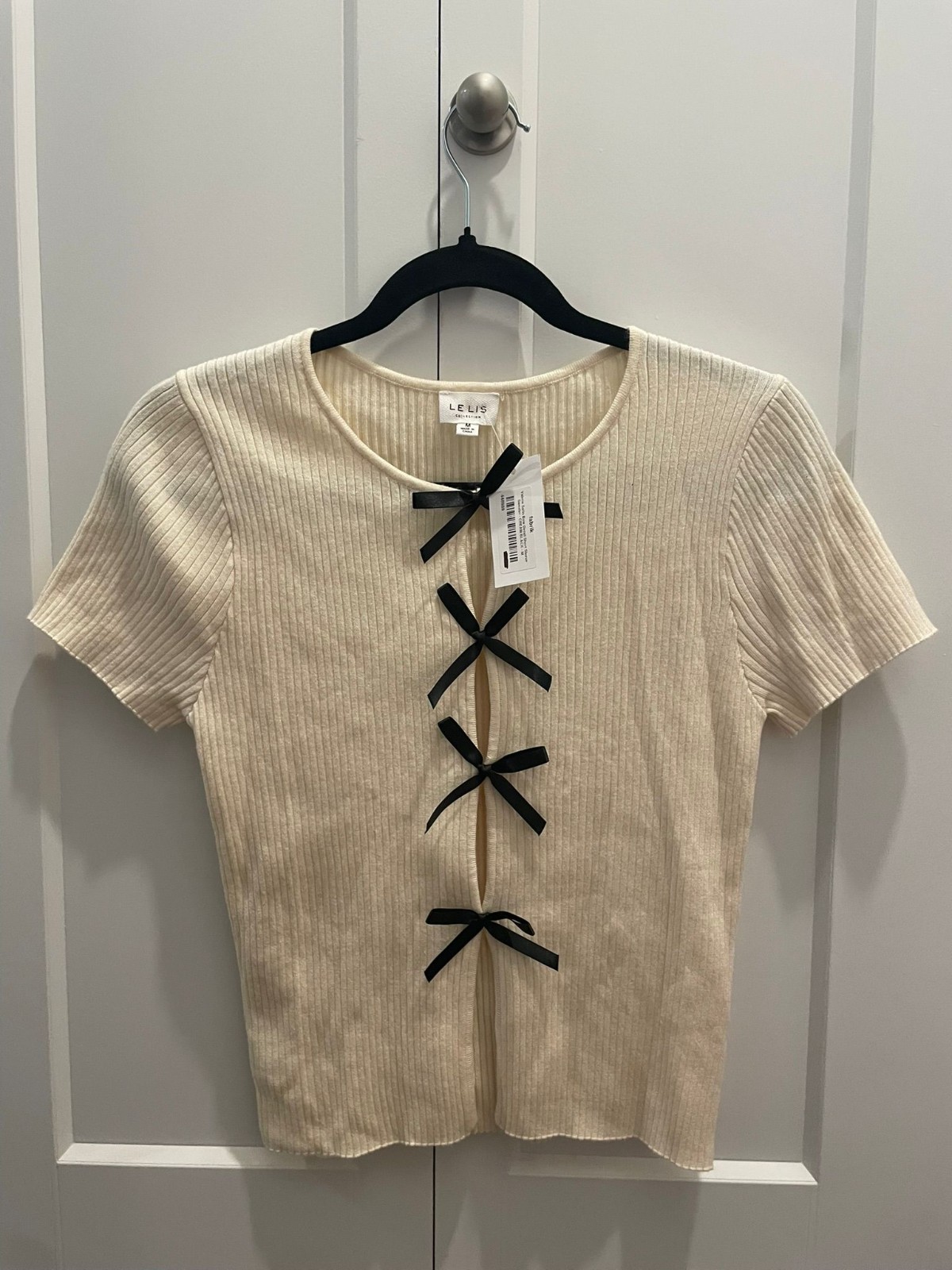 NWT LE LIS Bow Valerie Satin Trimmed Cardigan Cut Out Size M Cream/black