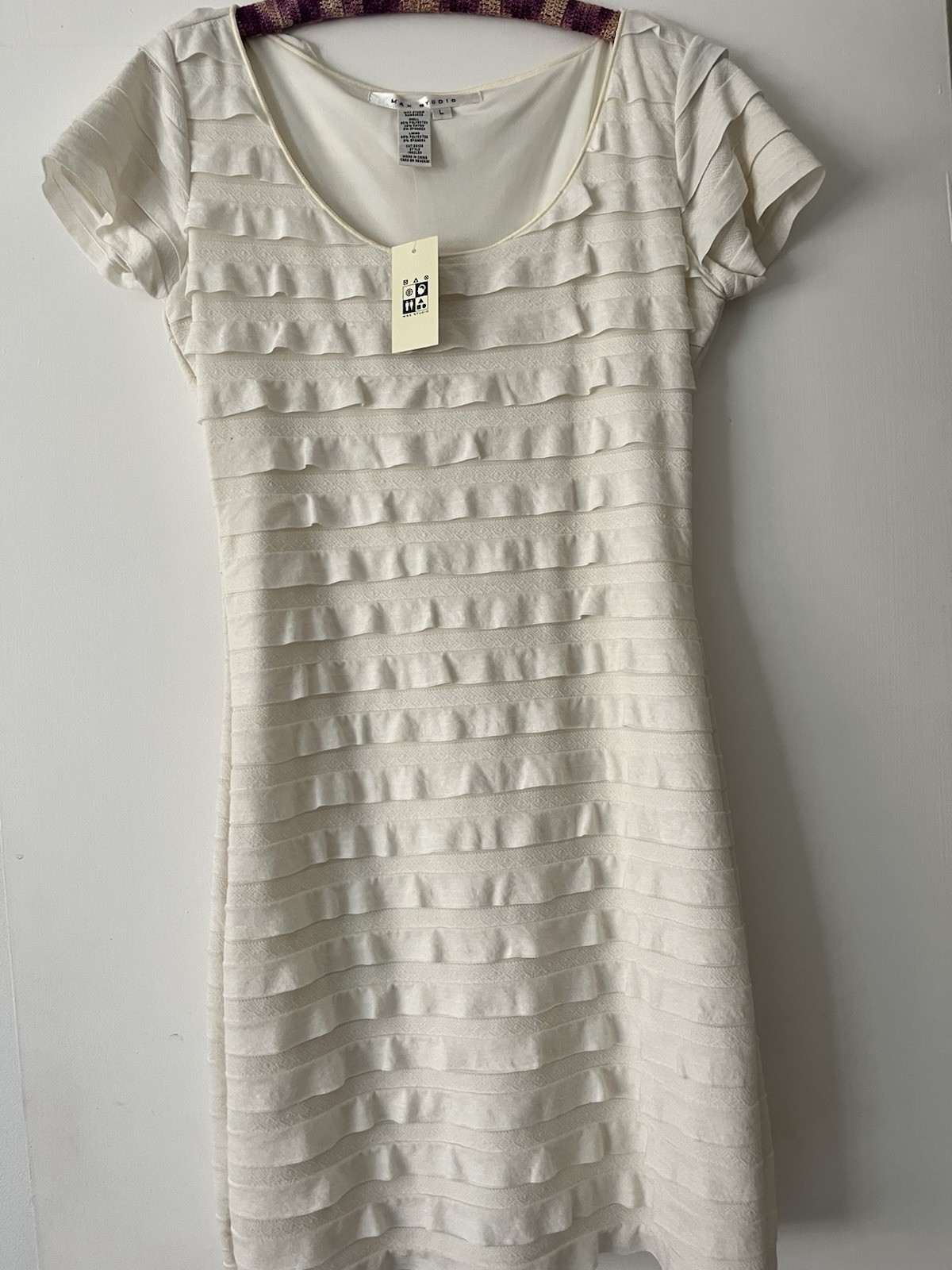 Max Studio Cream color Sheath Knit Dress Ruffle Lined Scoop Neck Short Sleeve L