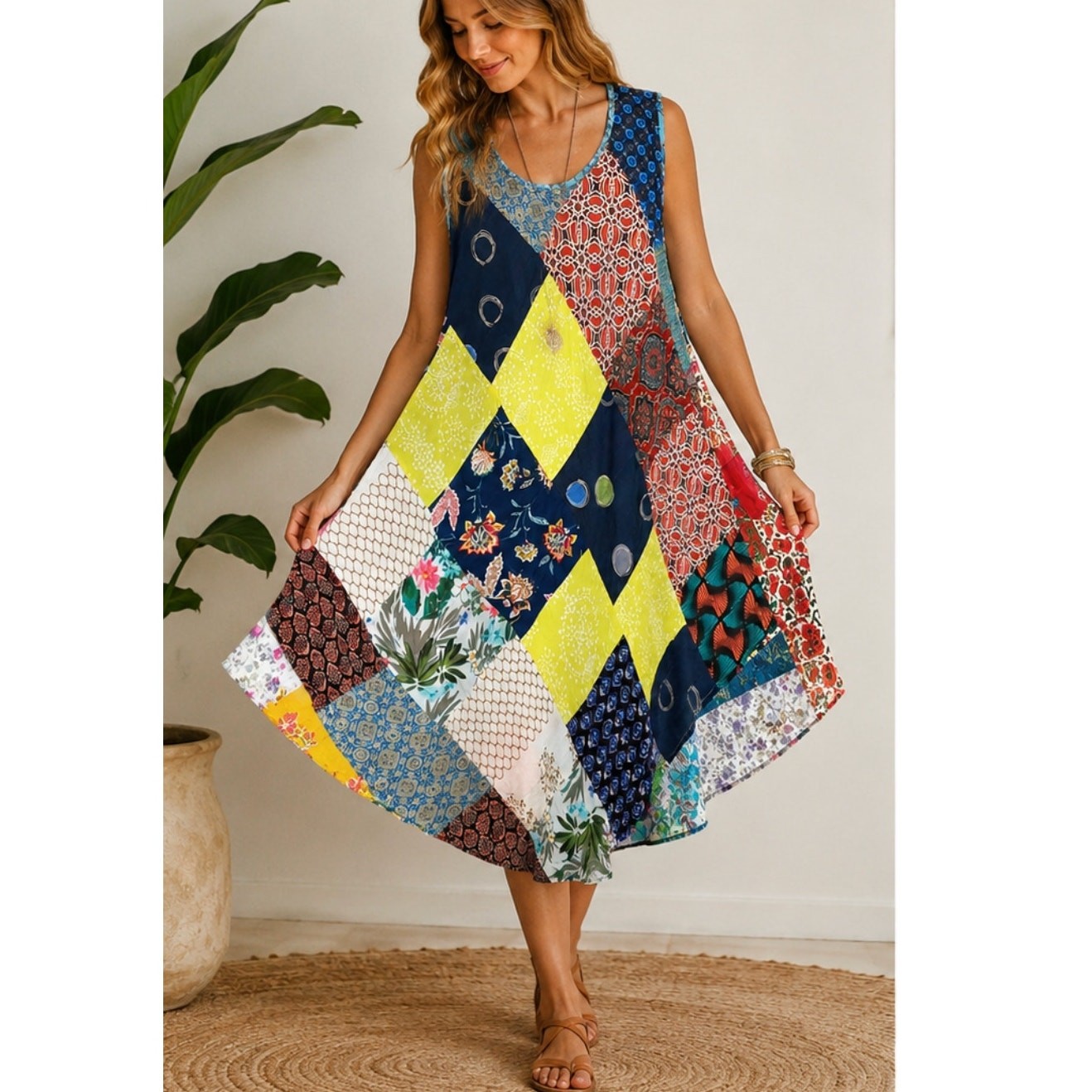 Handmade Boho Patchwork Umbrella Dress Sleeveless Festival Art Wear Beach Cover!