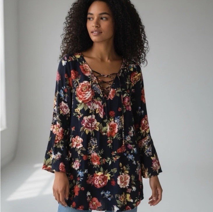 OLIVACEOUS Navy Floral Lace-up Bell Sleeve Dress size Medium Tunic Bohemian