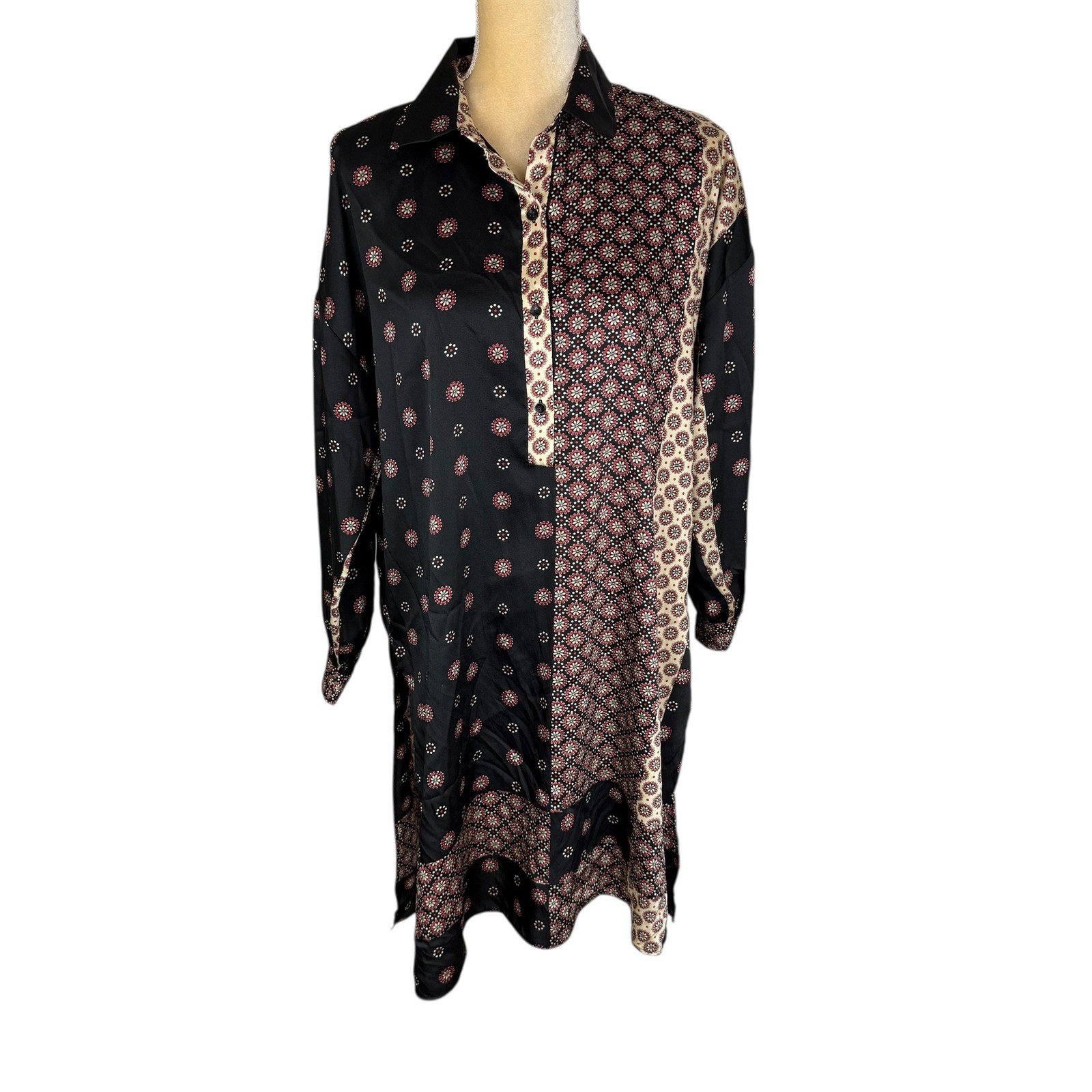 Zara Basic Womens Shirt Dress Tunic Small Black Patchwork Floral Long Sleeve