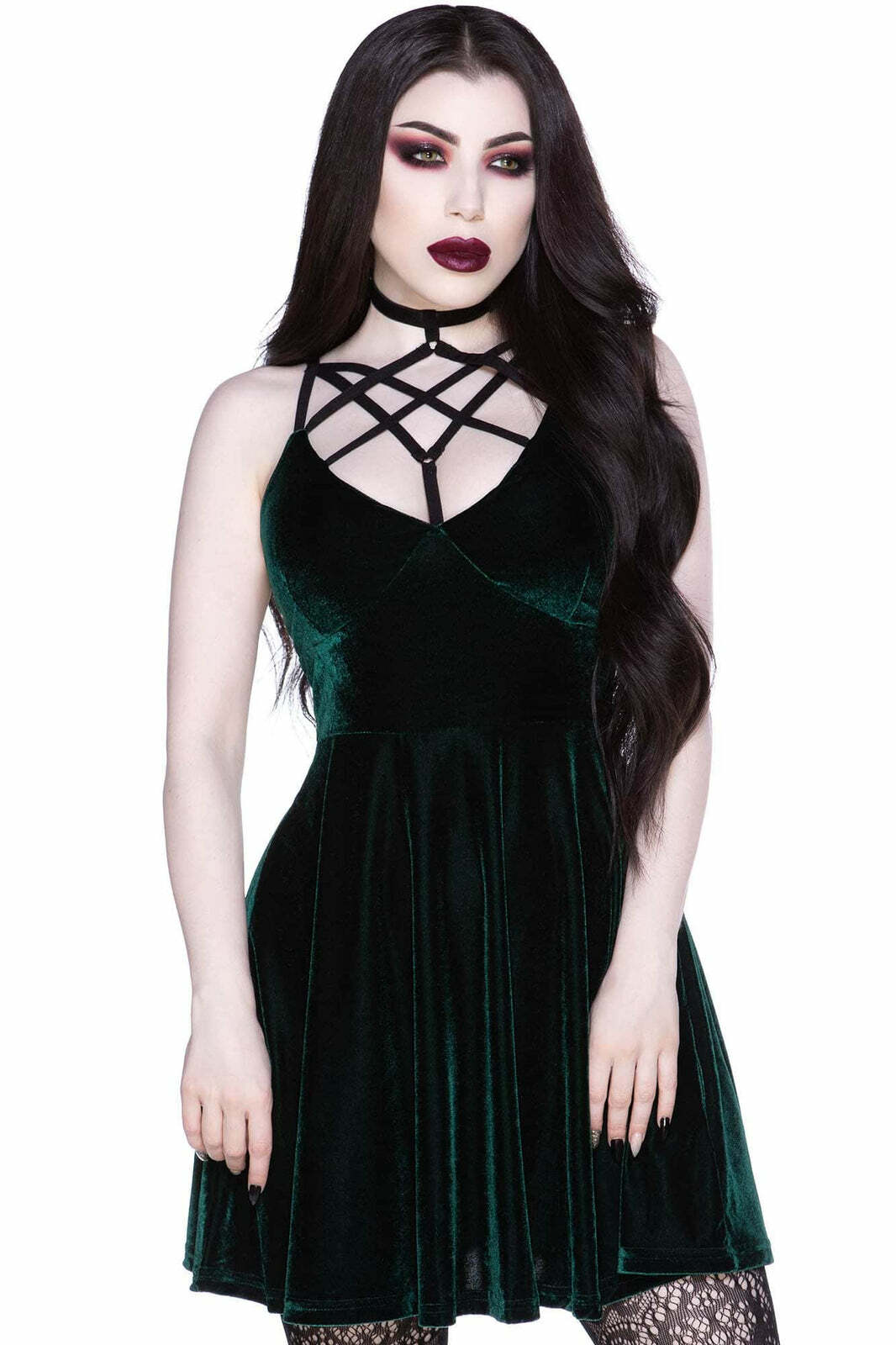 Killstar Magica Hexagram Velvet Choker Goth Punk Emerald Skater Dress KSRA003893