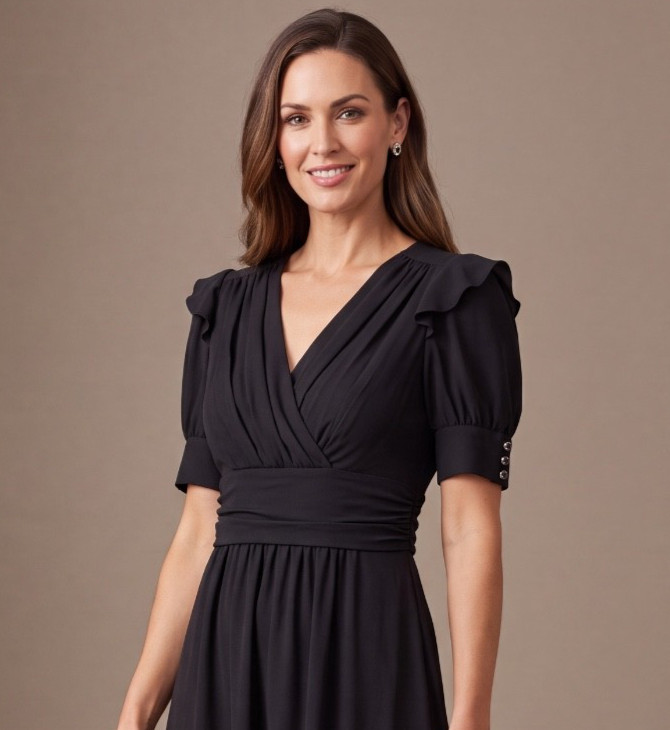 Review Dress Size 6 Black Pleated Ruffle Buttons Chiffon Fit & Flare Party Work