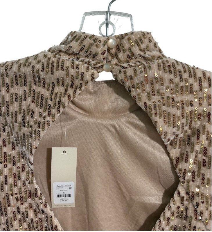 Francesca’s Blue Rain Mock Neck Sequin Mini Dress Womens S Beige Gold Open Back