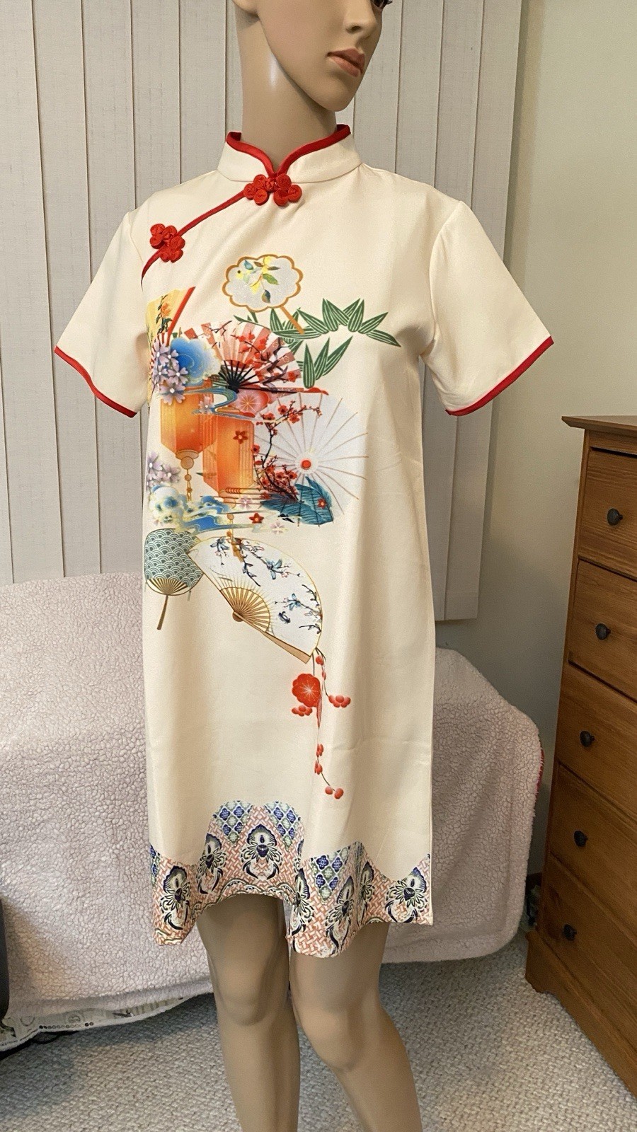Oriental Chinese Style Female Cheongsam Qipao Dress Printed Fan Pattern XS-M