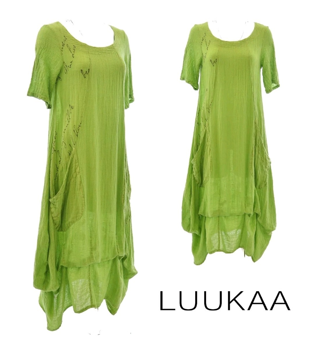 LUUKAA Linen Lagenlook LUCKY TUCKER DRESS Ruched Hem LIME GREEN Small