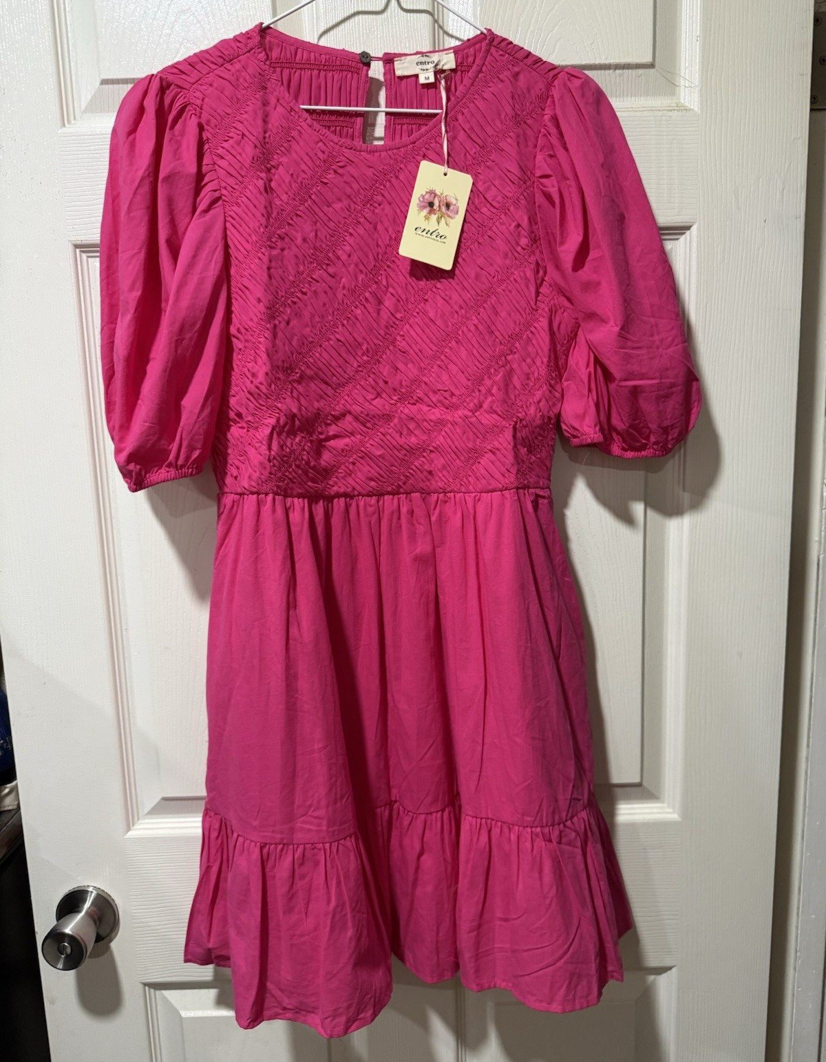 Entro Women’s Pink Solid A-Line Knee Dress M Round Neck 3/4 Puff Smocked