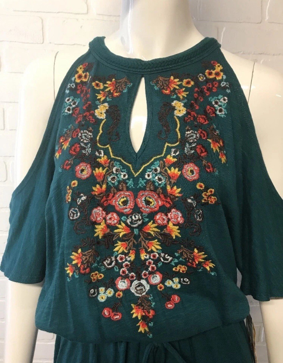 New Democracy Woman’s Small Green Cold Shoulder Dress NWT Keyhole Knit Floral