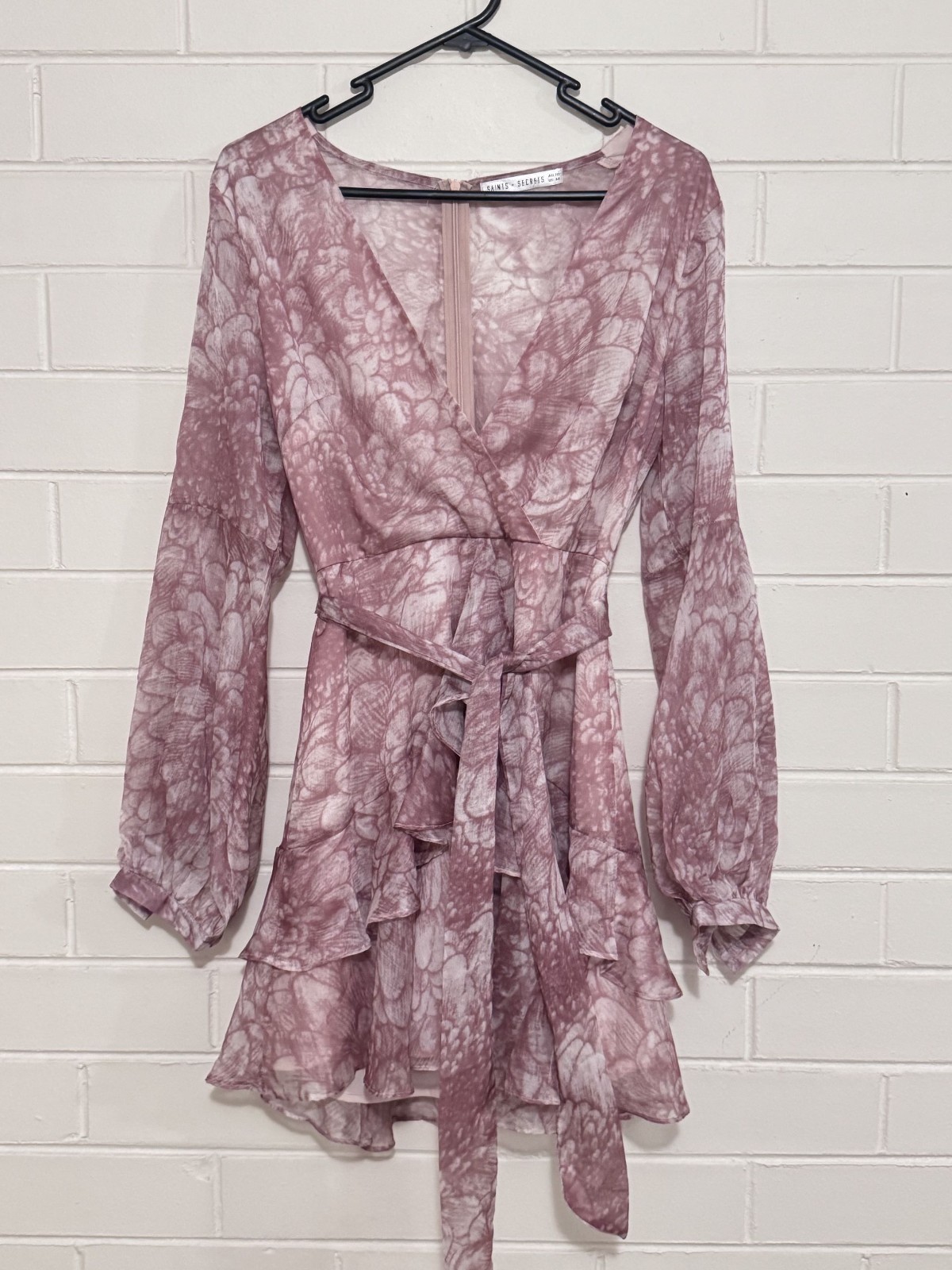 Saints + Secrets Wrap Dress Dusty Pink Print Long Sleeve Size 10 Ruffle Hem