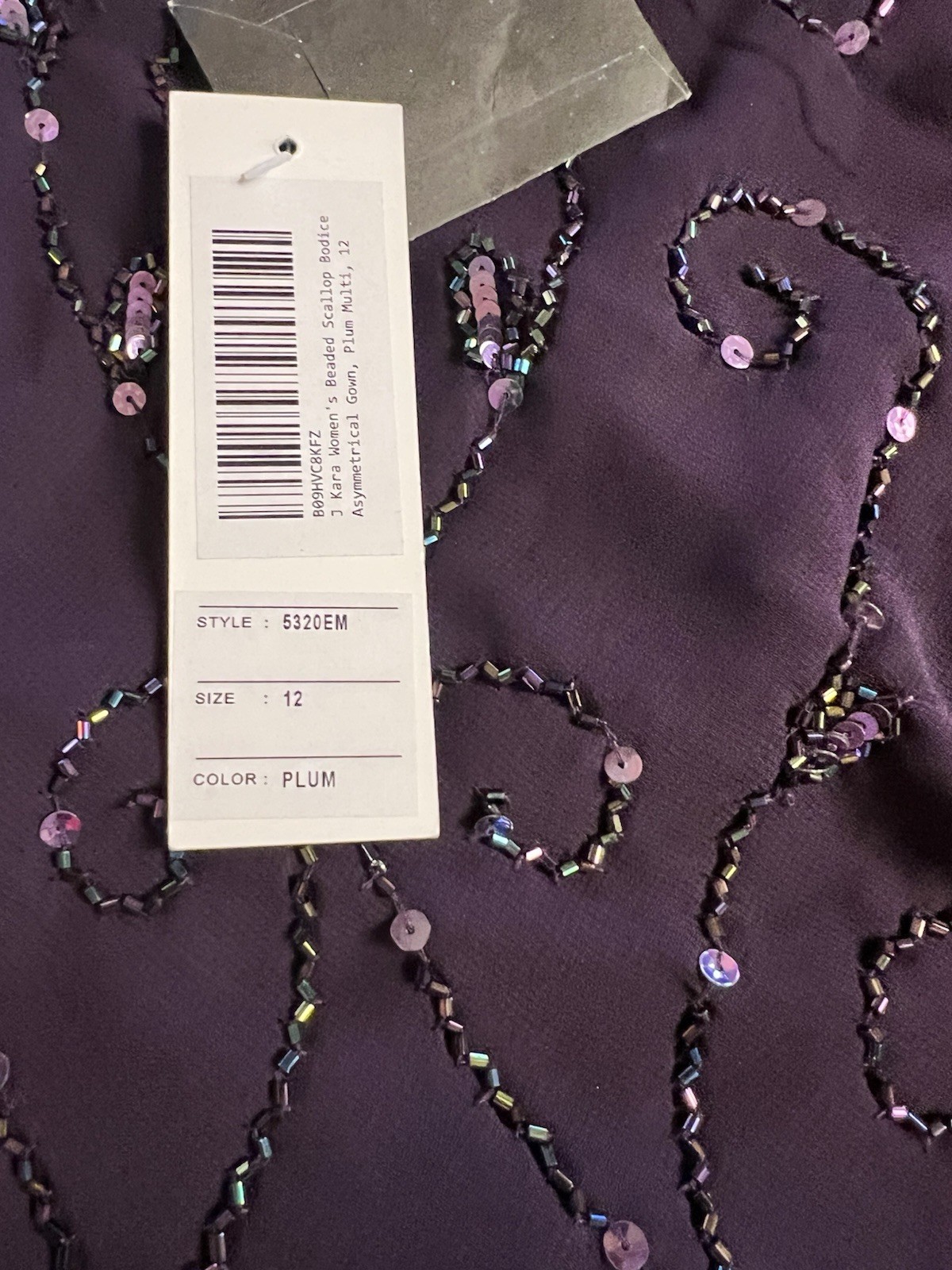 J Kara Womens Beaded Scallop Bodice Asymmetrical Gown Size 12 Plum NWT