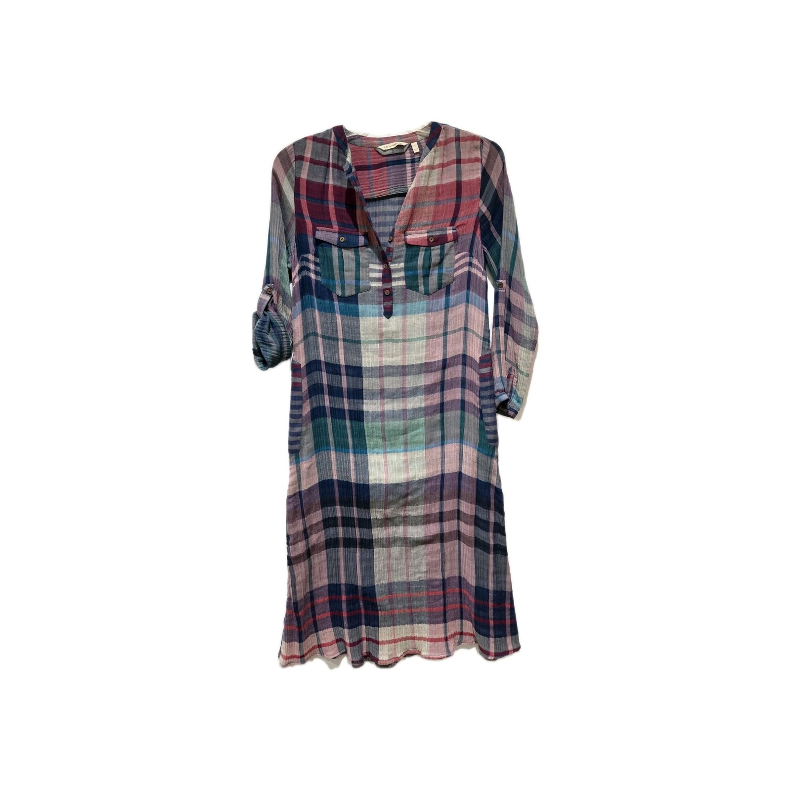 Soft Surroundings Thin Gauze Cotton Plaid Maxi Dress Popover Small Multicolor