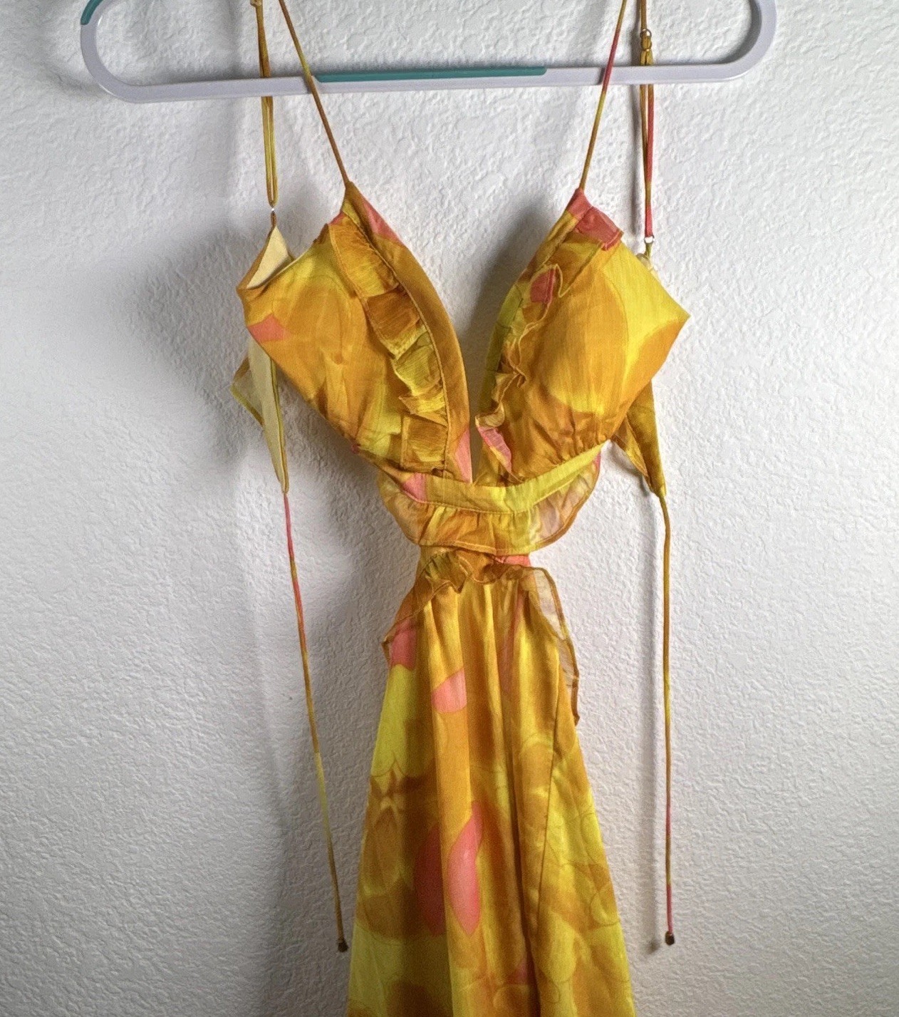 Hello Molly Women’s M Yellow Pink Floral Ruffle Spaghetti Strap Maxi Dress